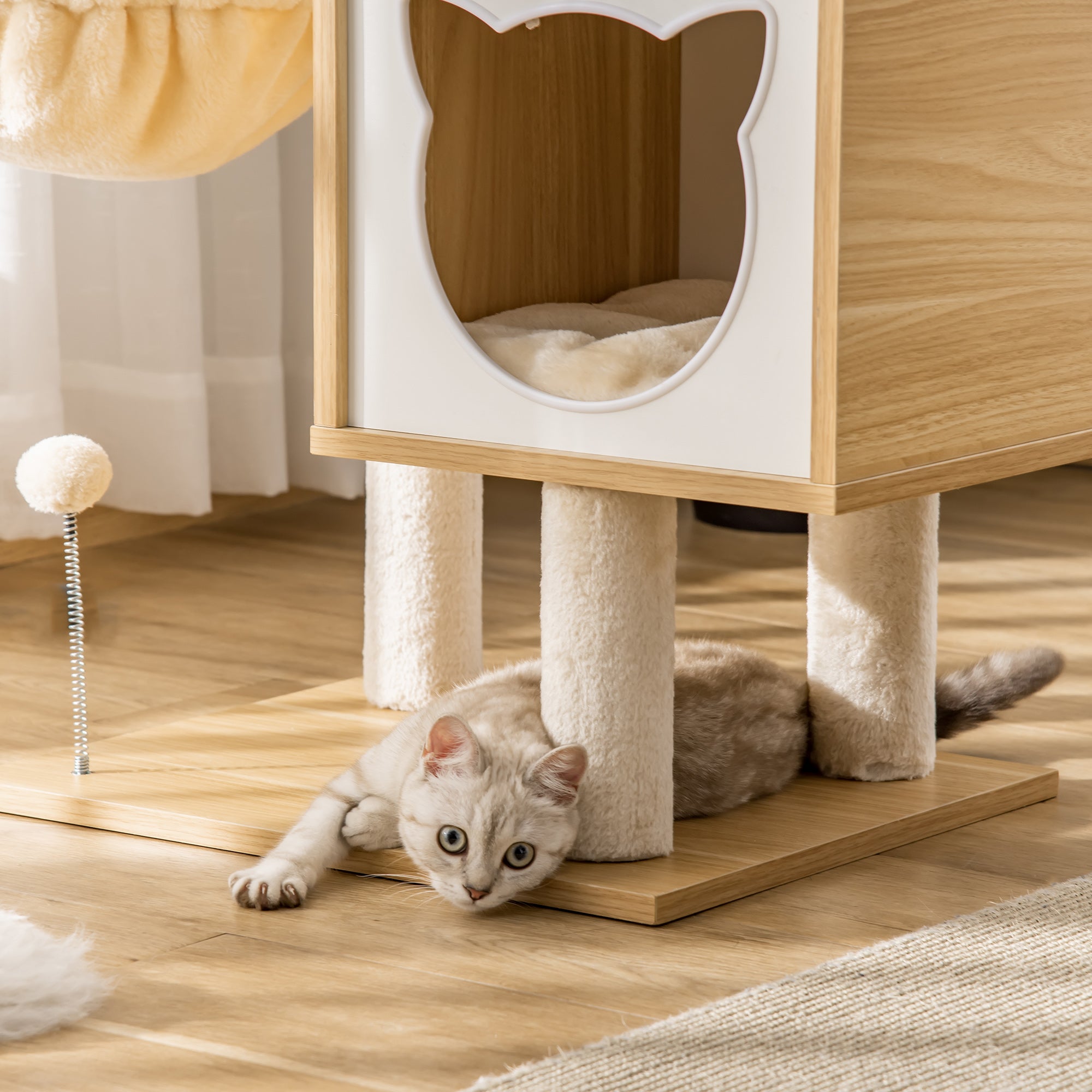 PawHut Kratzbaum Katzenbaum mit Katzenhöhle Plattform Höhe 126 cm Kletterbaum aus Holz Katzenkratzbaum Spanplatte Sisal Kurzplüsch Beige 48 x 40 x 126 cm