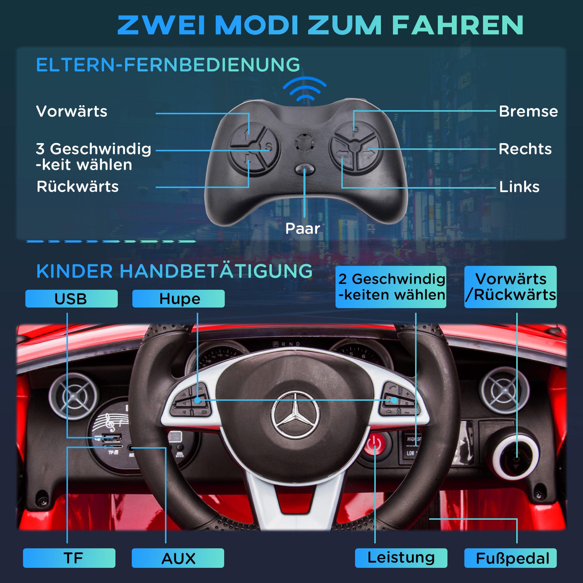 AIYAPLAY Kinder-Elektroauto mit LED-Scheinwerfern, Sicherheitsgurt, Hupe, Musik, 3-5 km/h, 3-6 Jahre, Rot