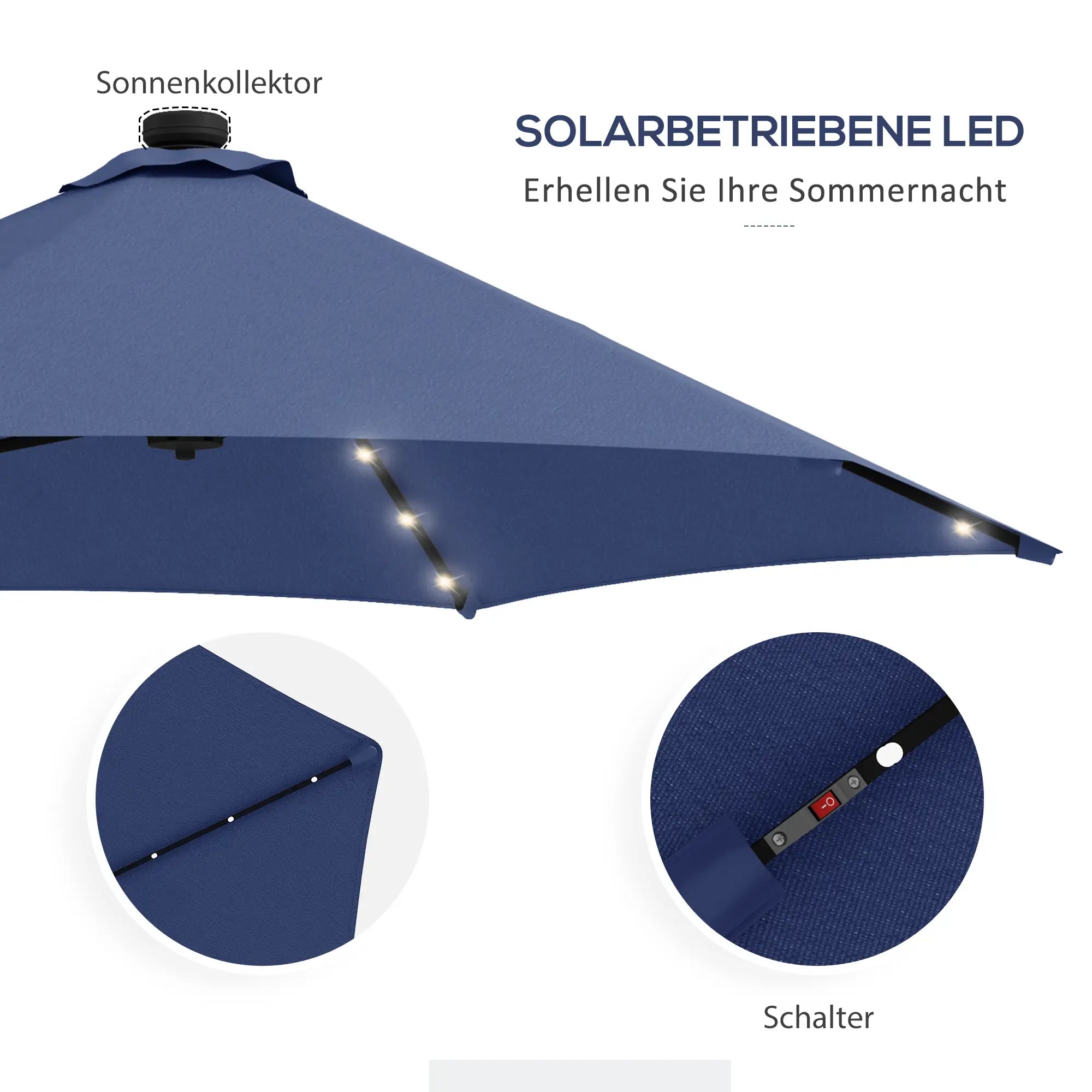 Outsunny Gartenschirm, Ampelschirm, LEDs, Solarmodul, wetterfest, inkl. Schutzhülle, Ø290 x 260 cm, Dunkelblau