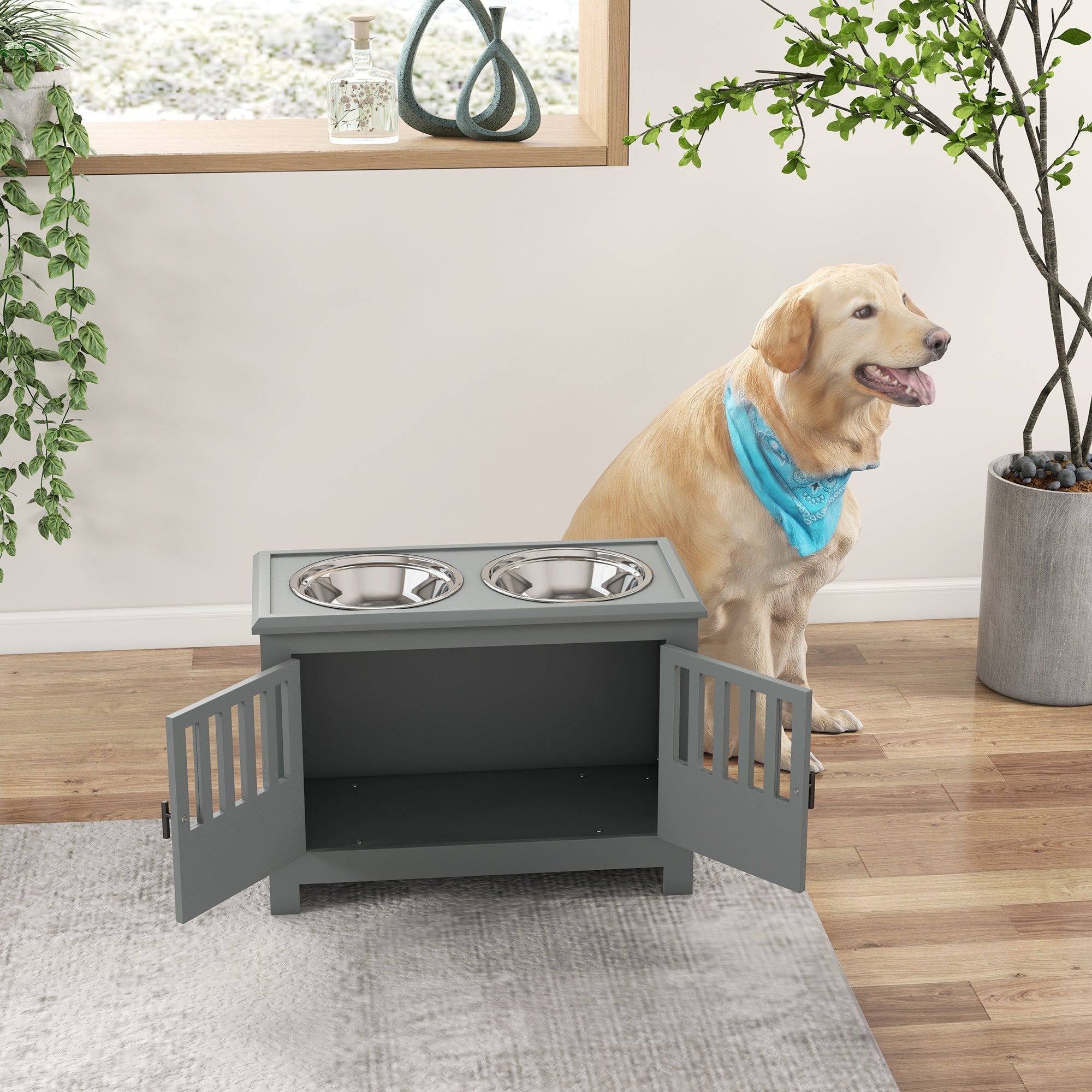 PawHut Erhöhte Futterstation für große Hunde, 2 Edelstahlnäpfe, Stauraum, 35,5x60x30 cm, Grau