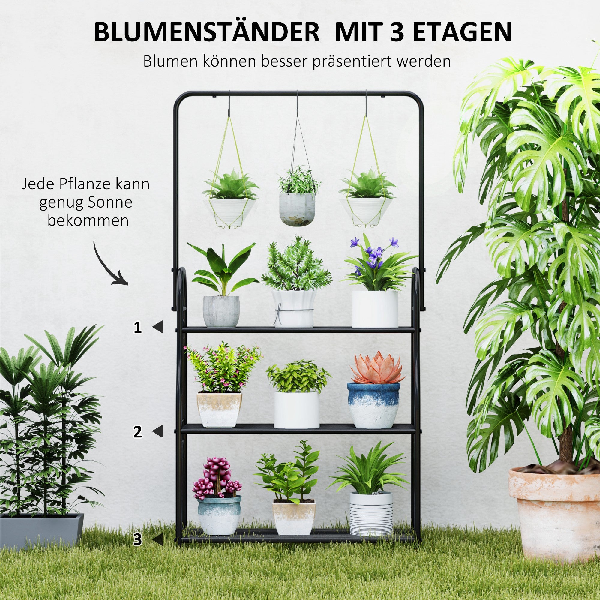 Outsunny Blumenregal, 3-stufiges Pflanzenregal mit Hängehaken, Metallregal für Blumentöpfe, Indoor- und Outdoor-tauglich, Schwarz