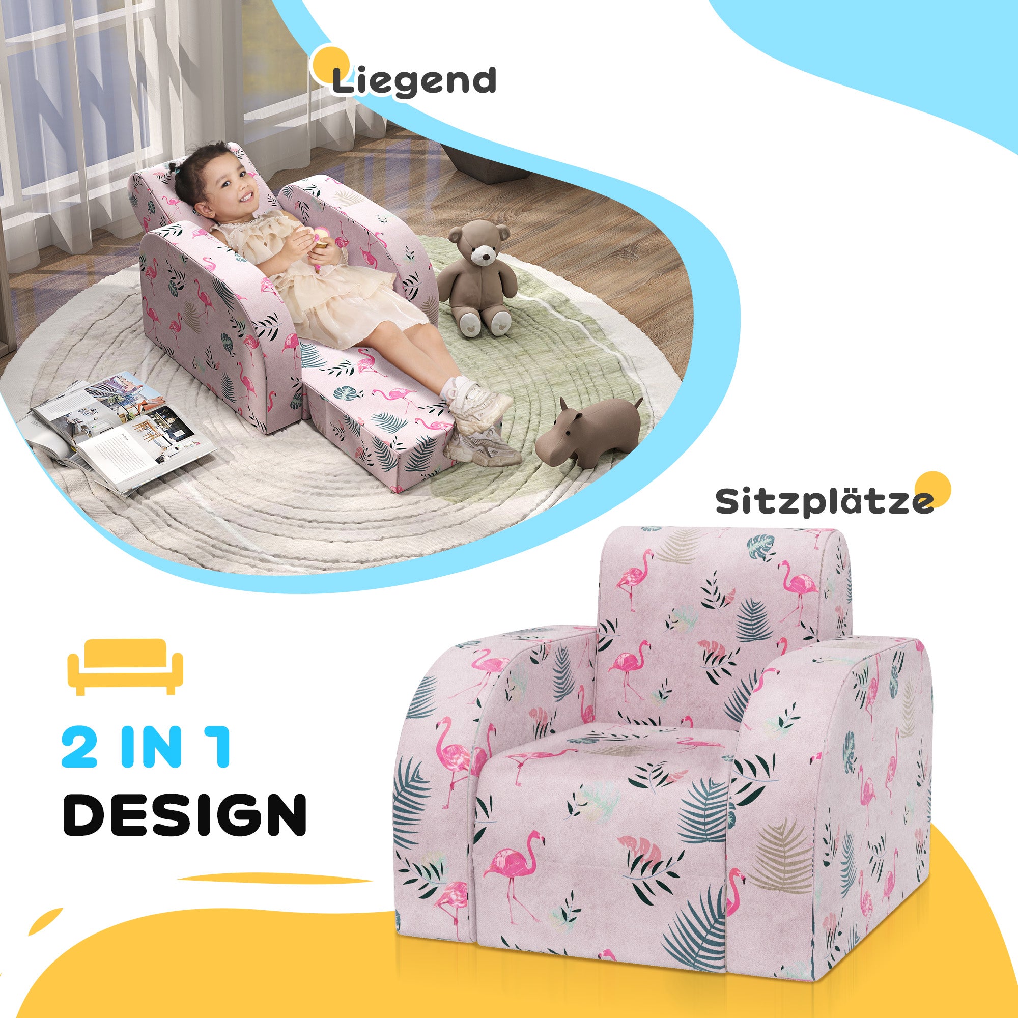 AIYAPLAY Kindersessel mit Bettfunktion, bis 3 Jahre/45 kg, Flamingo-Muster, 46,5x93x28,5 cm, Rosa