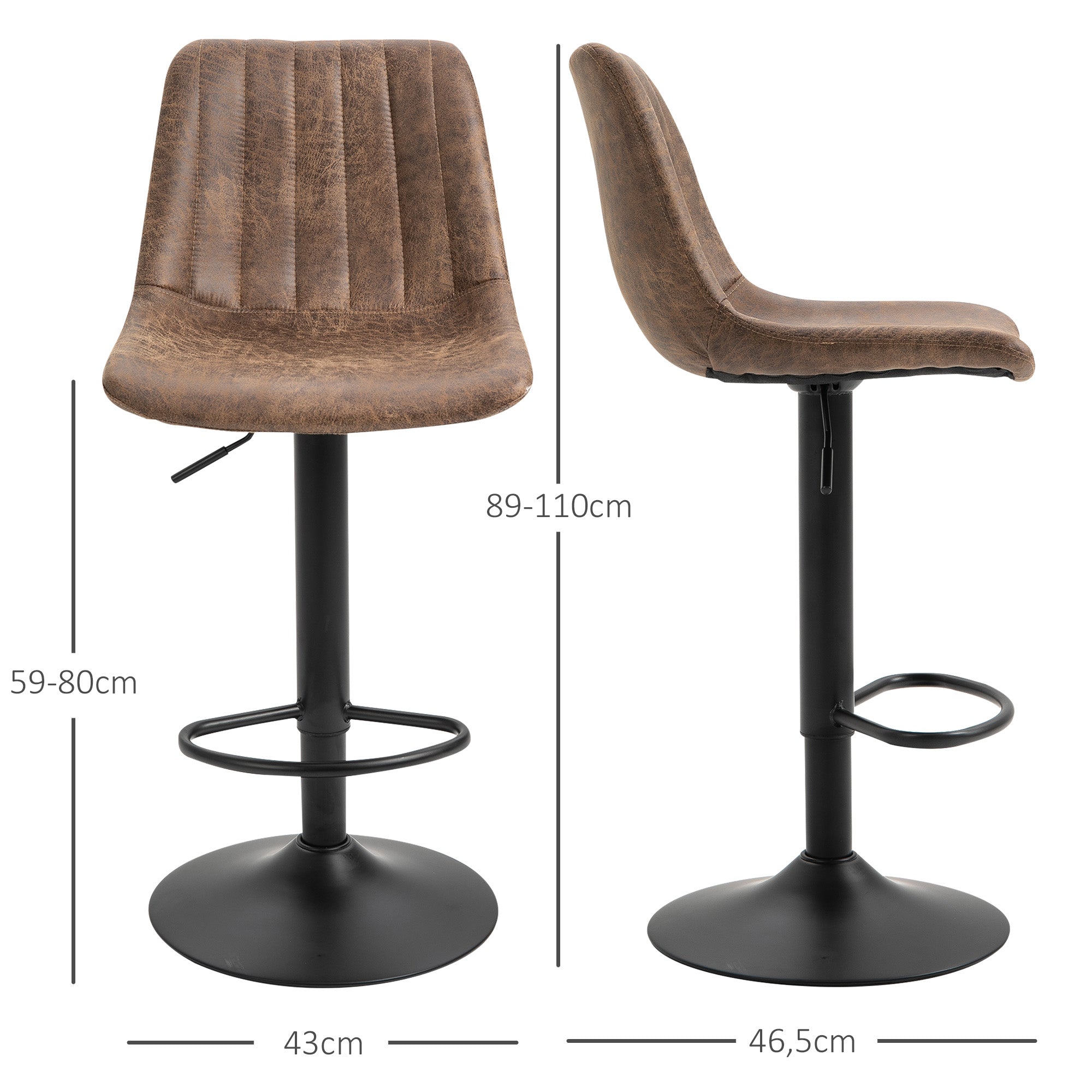 HOMCOM 2er-Set Barhocker im Retrodesign, inkl. Fußstütze, höhenverstellbar, Gaslift, Braun + Schwarz