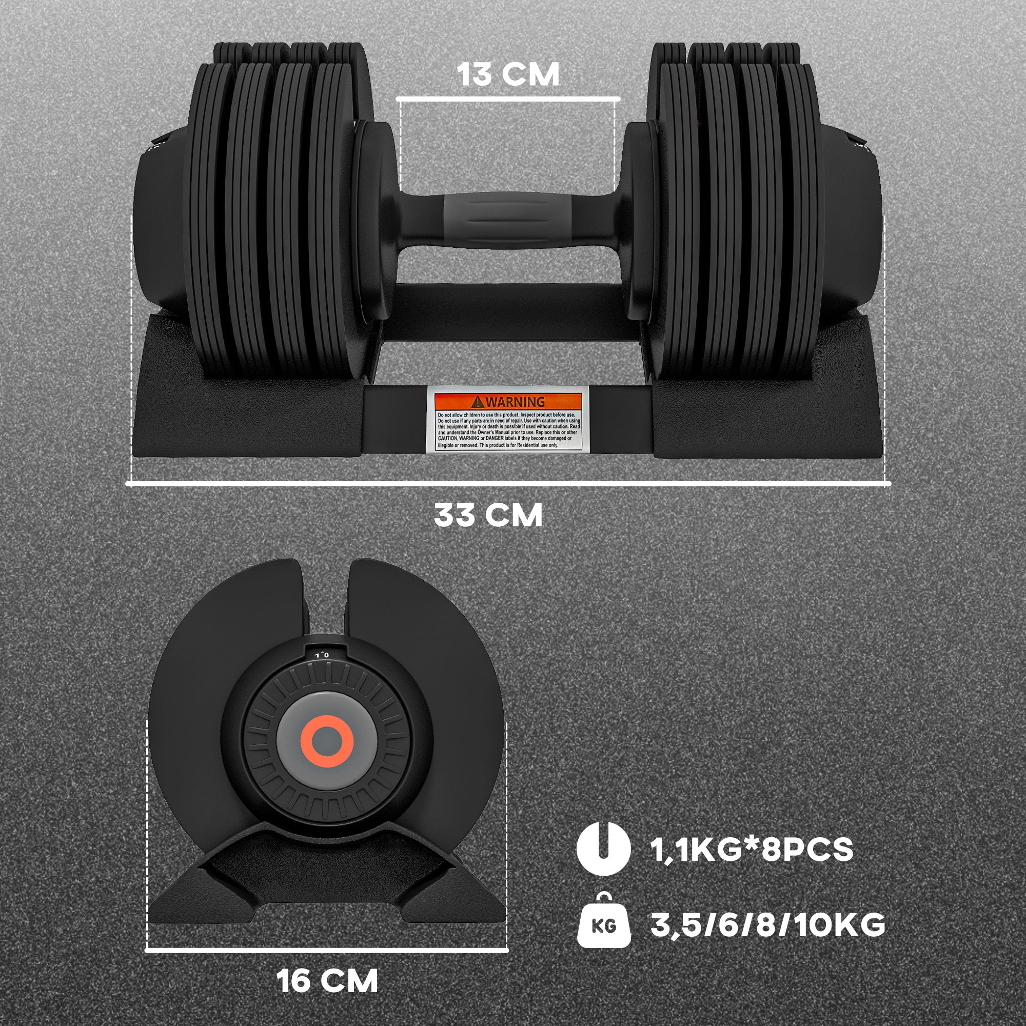 SPORTNOW Kurzhantel, verstellbares Gewicht 3,5/6/8/10 kg, bodenschonend, Schwarz