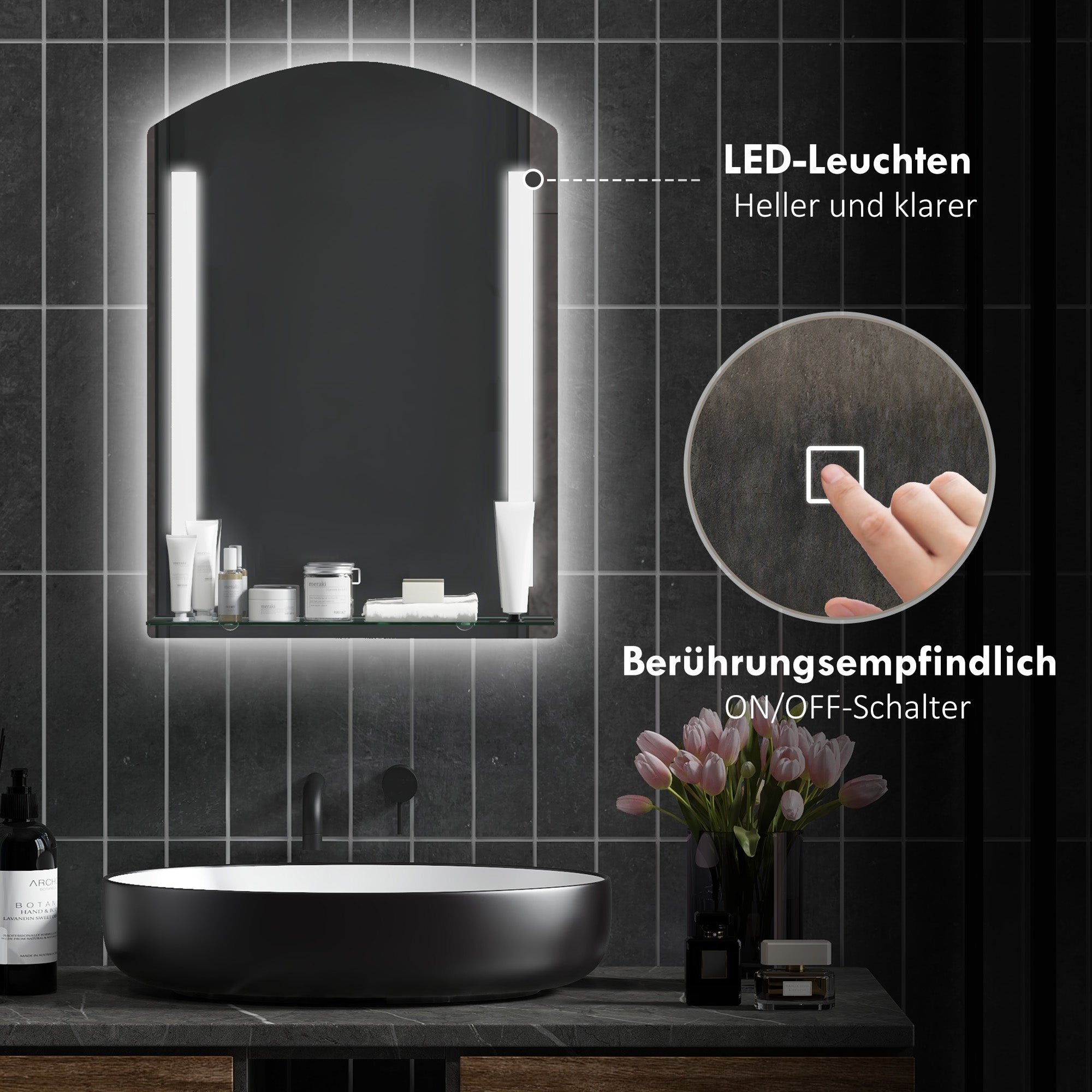 kleankin Badezimmerspiegel mit LED-Beleuchtung, elegant und hochwertig, Glas, Aluminium, Kunststoff, 50L x 12B x 70H cm
