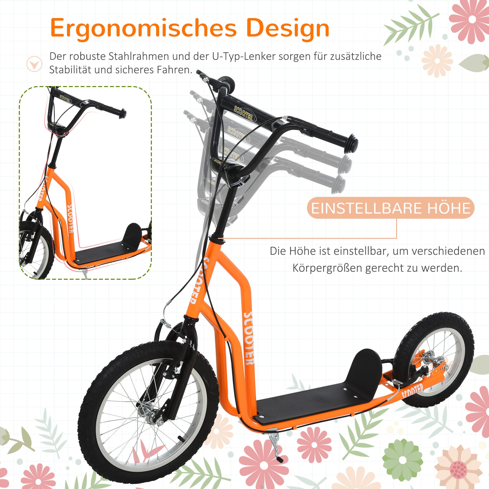 HOMCOM Kinderroller ab 5 jahre Scooter Tretroller Cityroller Kinder Roller Kickboard mit Luftreifen16/12 Zoll Orange 135 x 58 x 88-94 cm