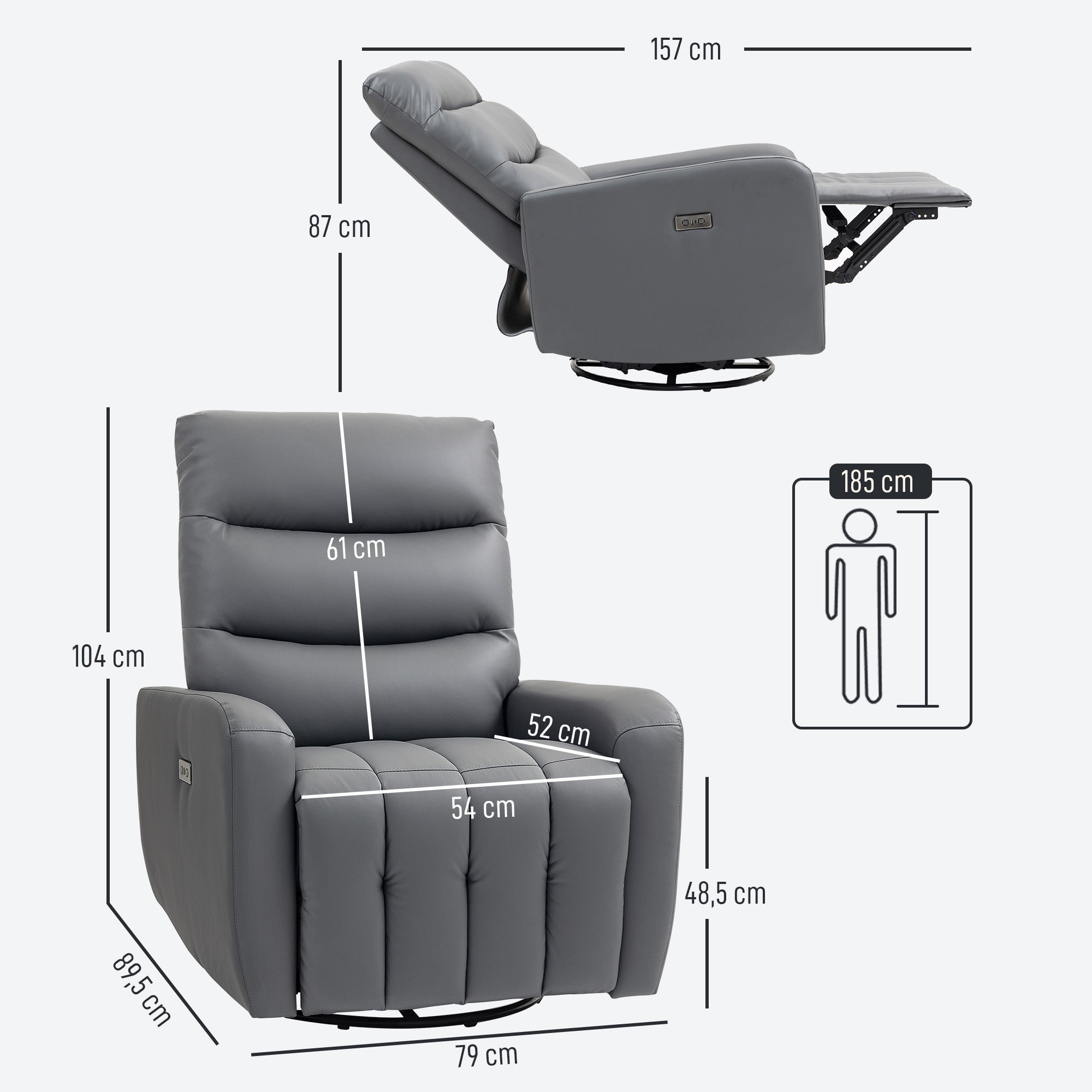 HOMCOM Relaxsessel, Polstersessel mit Liegefunktion, Fernbedienung, USB-Anschluss, Grau