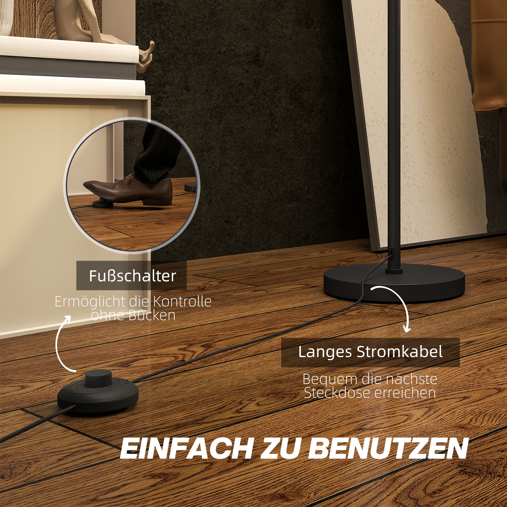HOMCOM Stehlampe, zweifarbiger Lampenschirm, Fußschalter, Metall, Schwarz