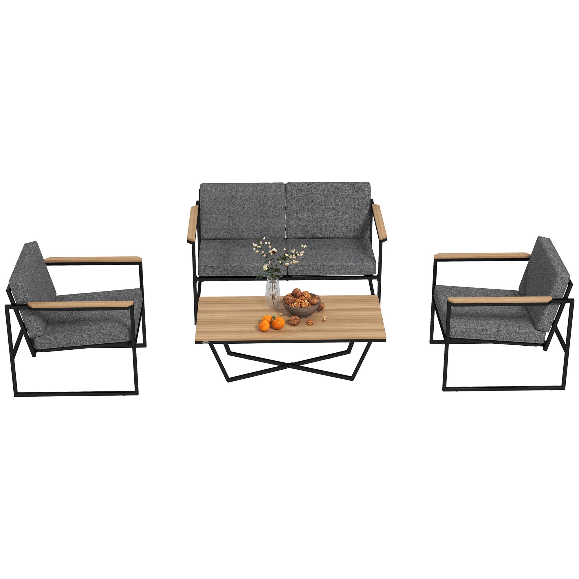 Outsunny Gartenmöbel Set 4 Personen wetterfest Balkonmöbel-Set mit 2er Sofa, 2 Stühle Sitzkissen Beistelltisch Grau