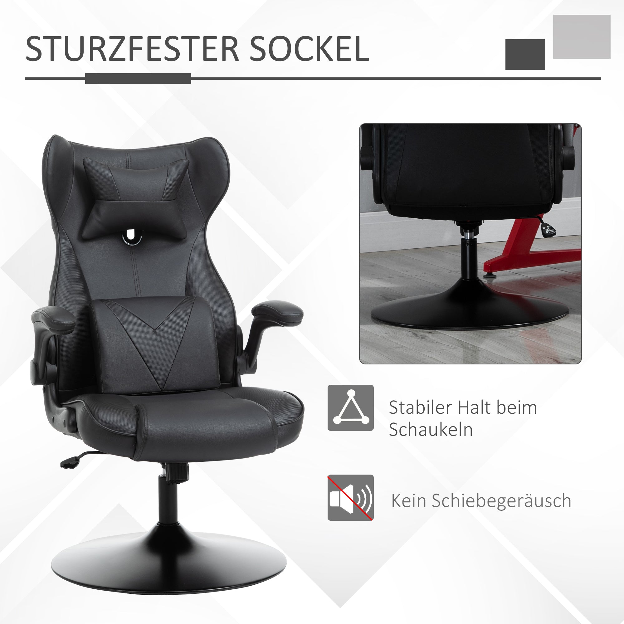Vinsetto Gaming-Stuhl, Wippfunktion, Lendenkissen, höhenverstellbar, Kunstleder, 67x71x112 cm, Schwarz