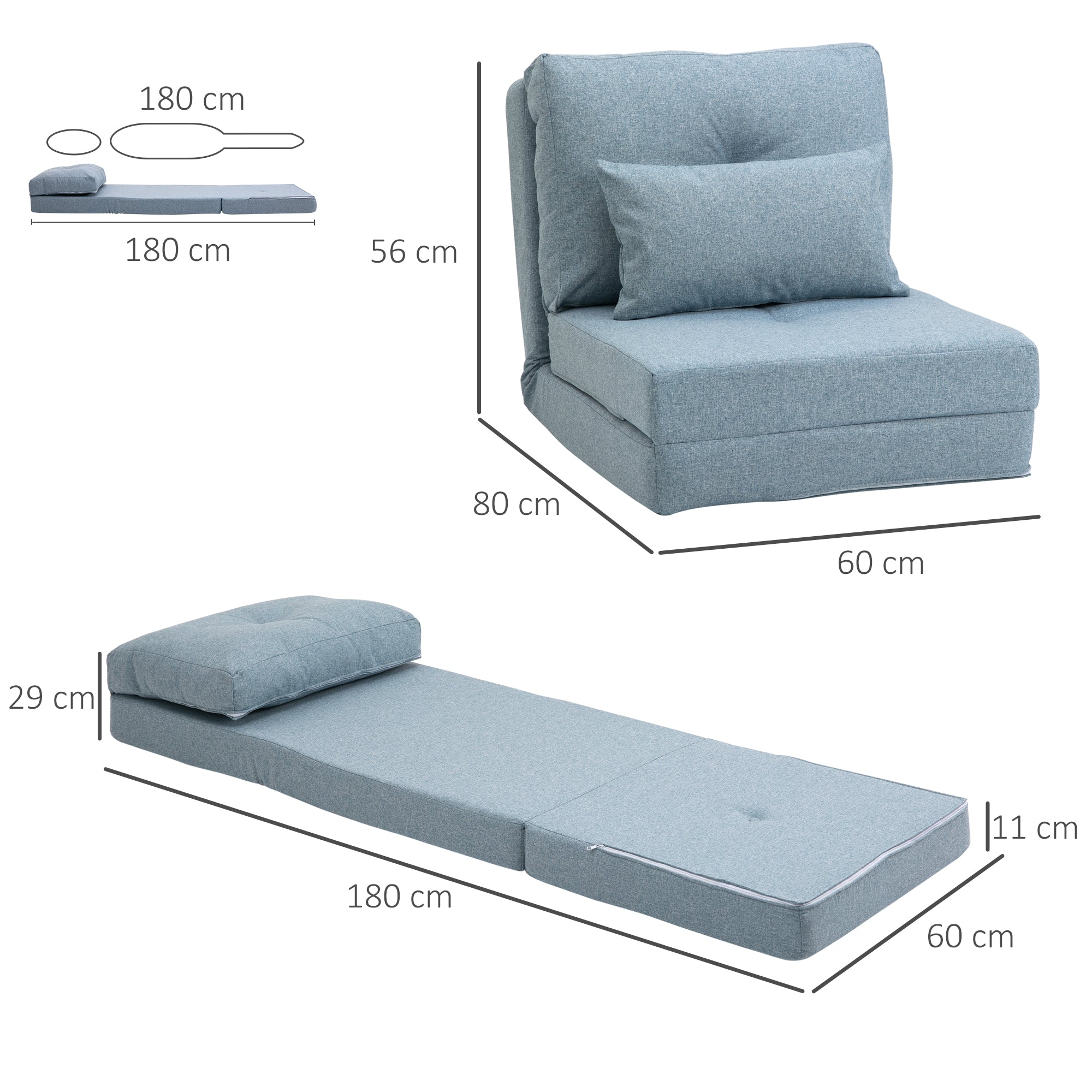 HOMCOM Bodensessel Klappmatratze Schlafmatte, 2-in-1-Design, abnehmbares Kissen, 60 x 80 x 56 cm, Himmelblau
