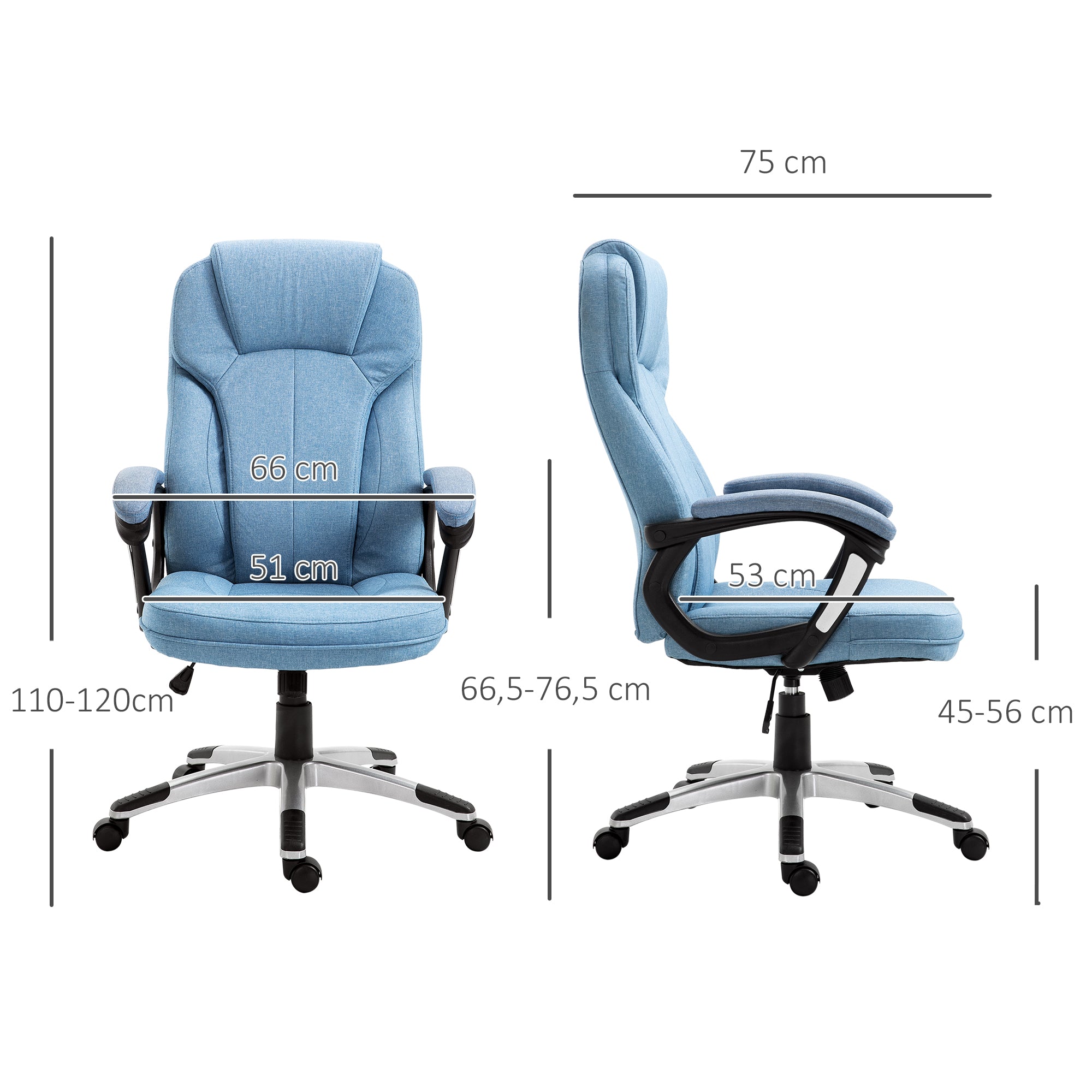 Vinsetto Bürostuhl Computerstuhl Drehstuhl höhenverstellbar Wippfunktion mit Kopfstütze und gepolsterte Armlehnen Ergonomisch Hellblau Leinen 66 x 75 x 110–120 cm