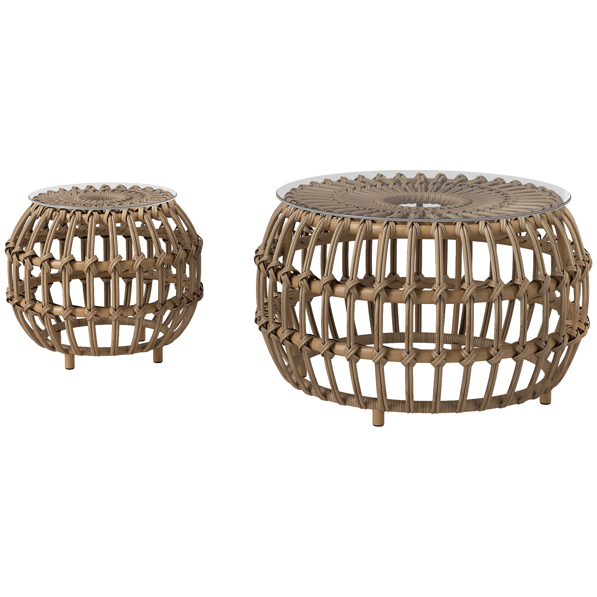 Outsunny 2er Set Beistelltisch Polyrattan Ø66/42 cm rund wetterfest Gartentisch mit Glasplatte Braun