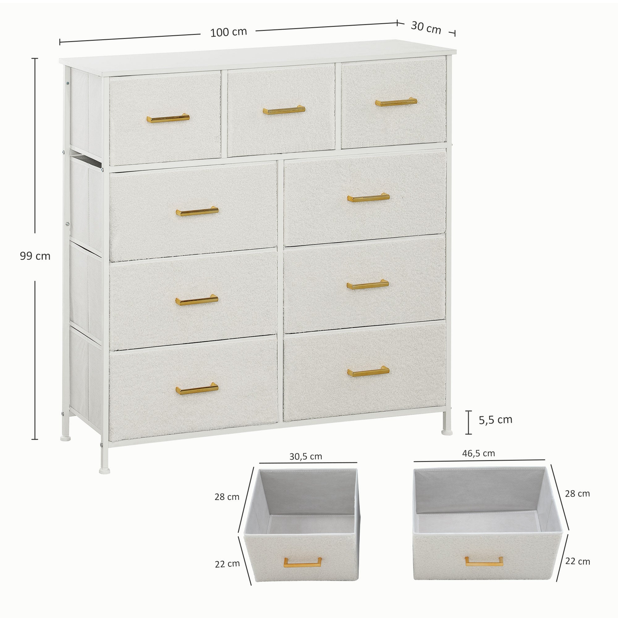 HOMCOM Stoffkommode, 9 Schubladen, Stahlrahmen, elegant, vielseitig, Weiß
