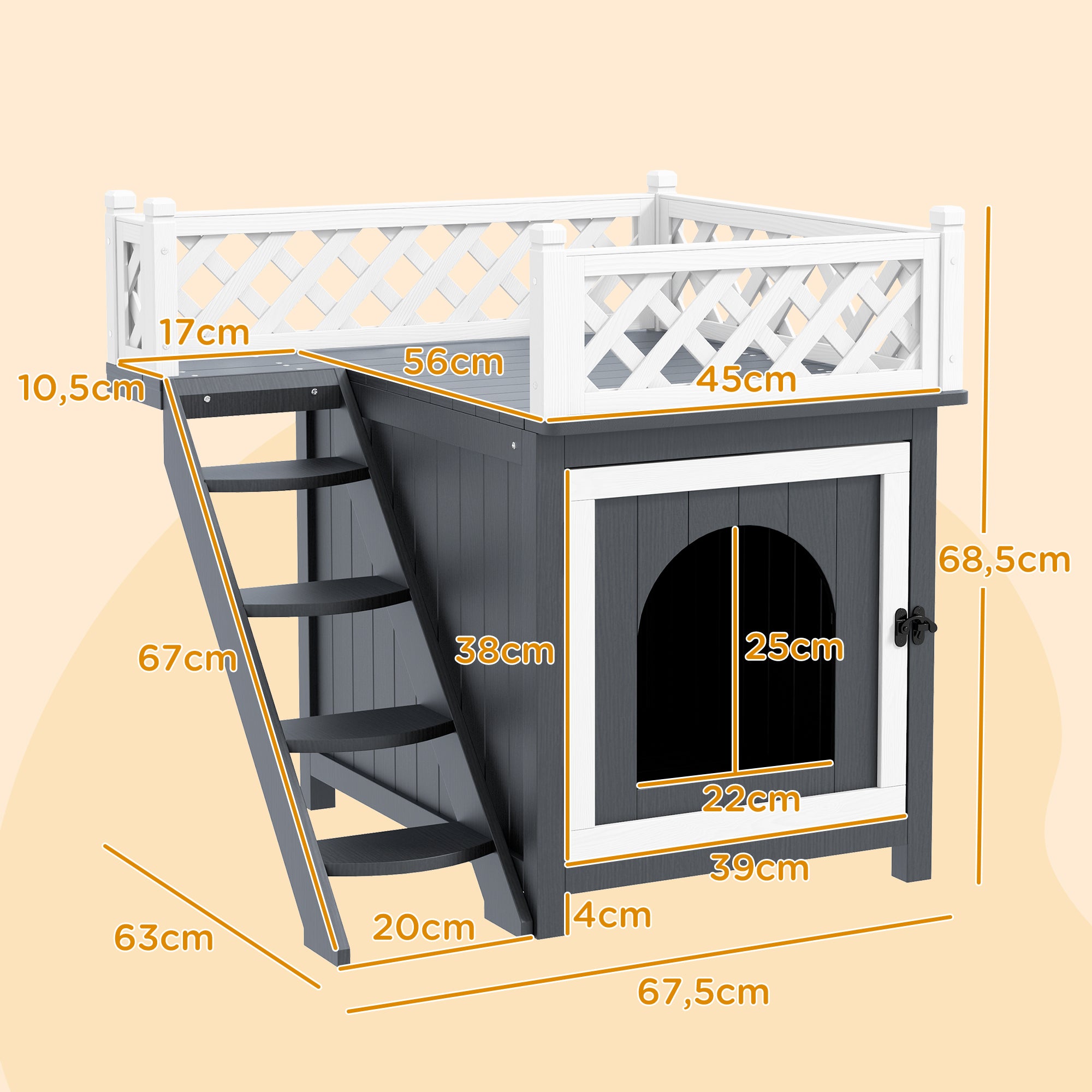 PawHut Katzenhaus, zweistöckig, mit Balkon und Treppe, für drinnen und draußen, für Katzen und Kaninchen, Tannenholz, Grau