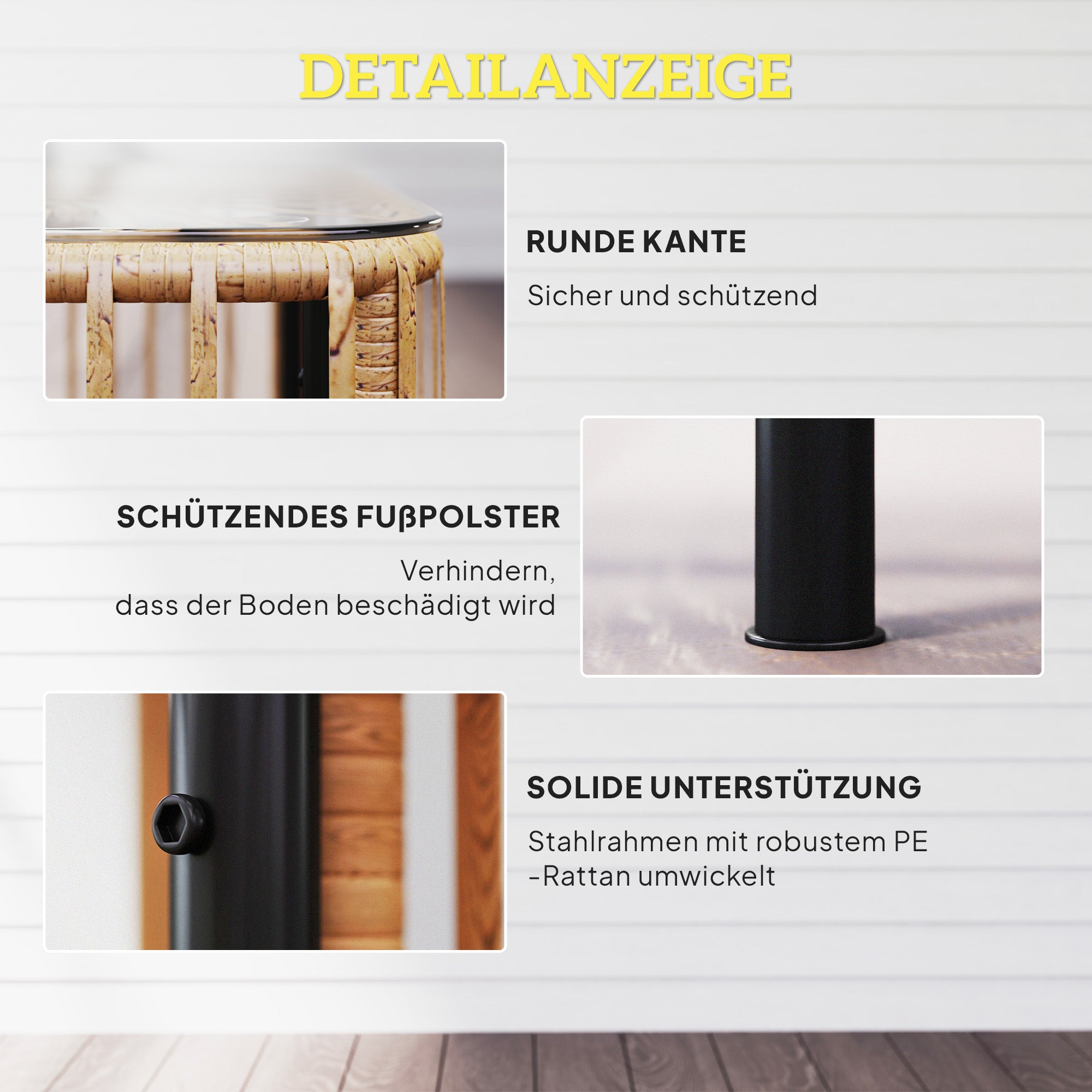Outsunny Polyrattan Gartentisch, 65 x 65 x 43 cm, wetterfest Beistelltisch quadrarisch mit Glasplatte Naturholz