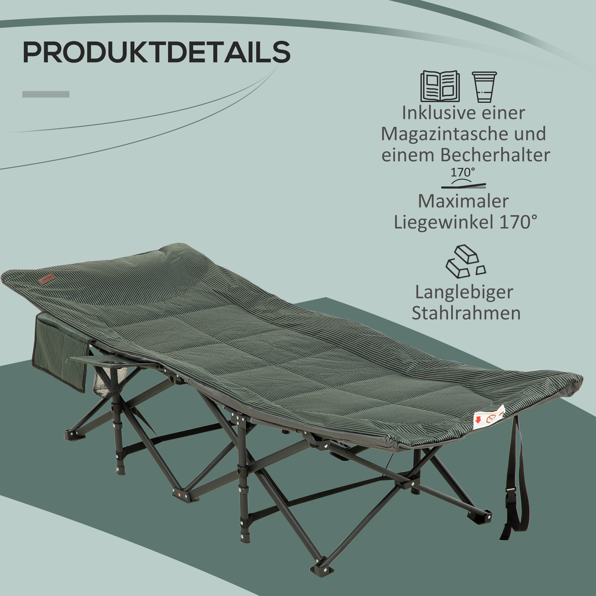 Outsunny Sonnenliege, klappbar, neigbare Rückenlehne, mit Becherhalter, bis 120 kg, 68 x 186 x 48 cm, Grau