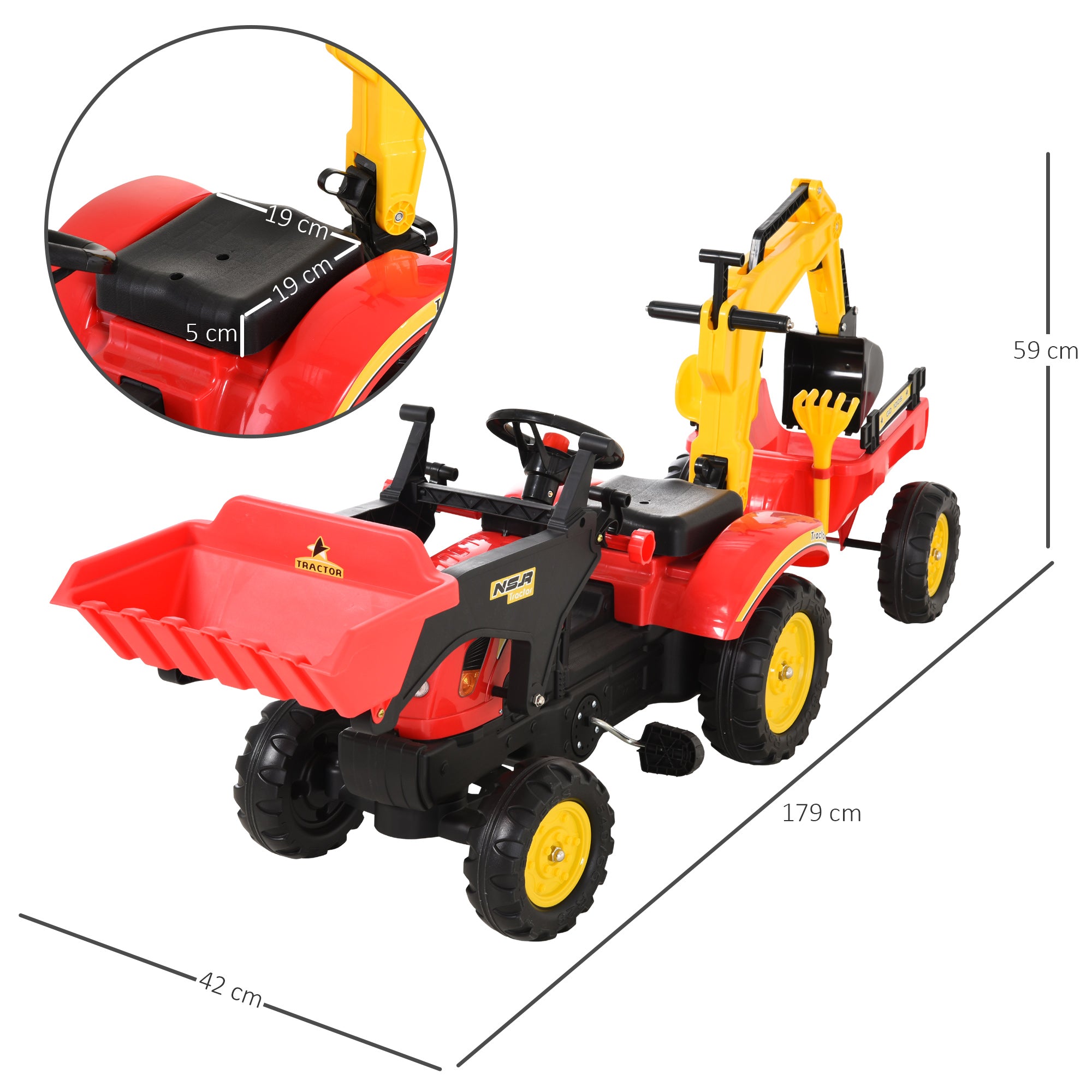 HOMCOM Trettraktor mit Anhänger, Frontlader, verstellbarer Schaufel, Traktor Tretfahrzeug für Kinder ab 3 Jahren Rot