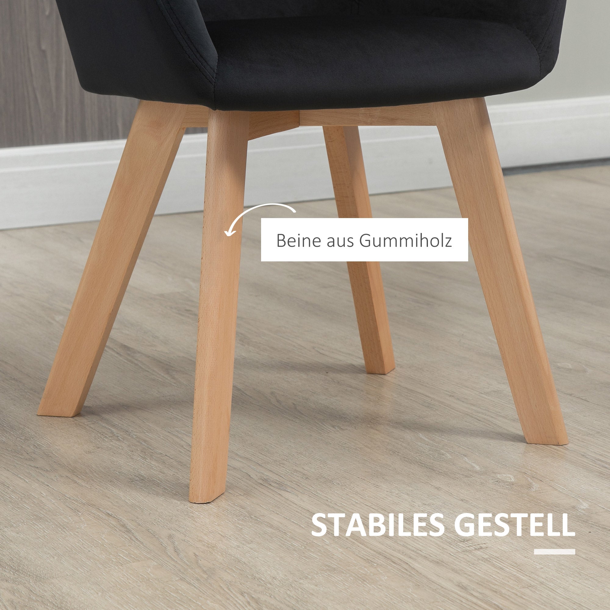HOMCOM Esszimmerstühle, 2er-Set, modernes Design, Samtoptik, Kautschukbaumholz, 54x57x80 cm, Schwarz