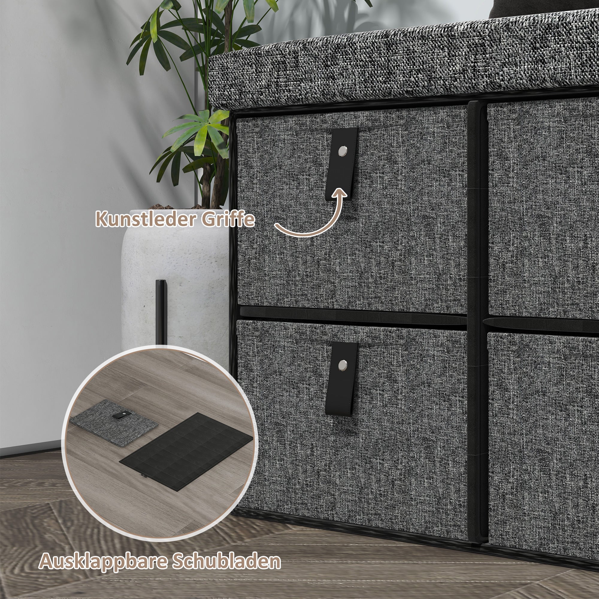 HOMCOM Gepolsterte Schuhbank, 6 Schuhfächer, MDF-Rahmen, Leinenoptik, Grau
