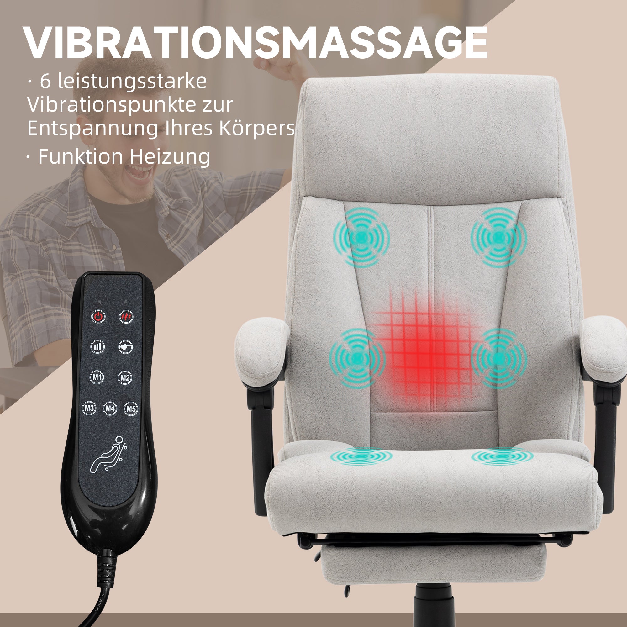 Vinsetto Massage-Bürostuhl Bürostuhl Computerstuhl, Lendenheizung, Neigungsfunktion, Hellgrau