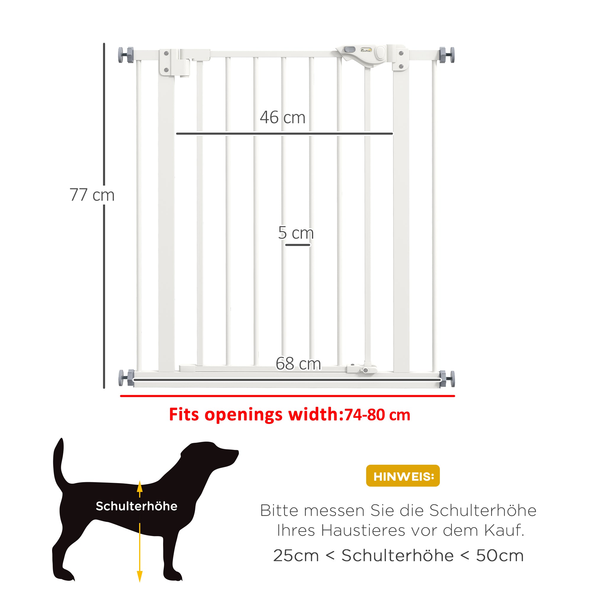 PawHut Türschutzgitter für Hunde, Absperrgitter, Schutzgitter für Haustiere, Metall, Kunststoff, 74-80 cm, Weiß