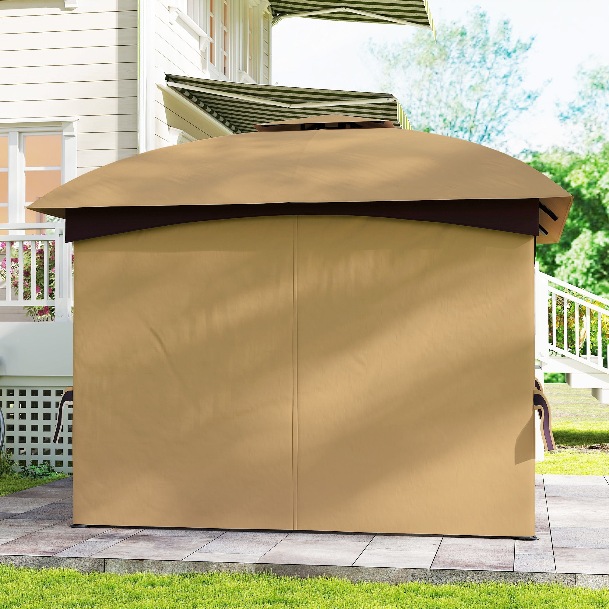 Outsunny 3,4 x 3,4 m Gartenpavillon, Bierzelt mit Lüftungsdach, Bogenfenstern, Stahlgestell, Beige