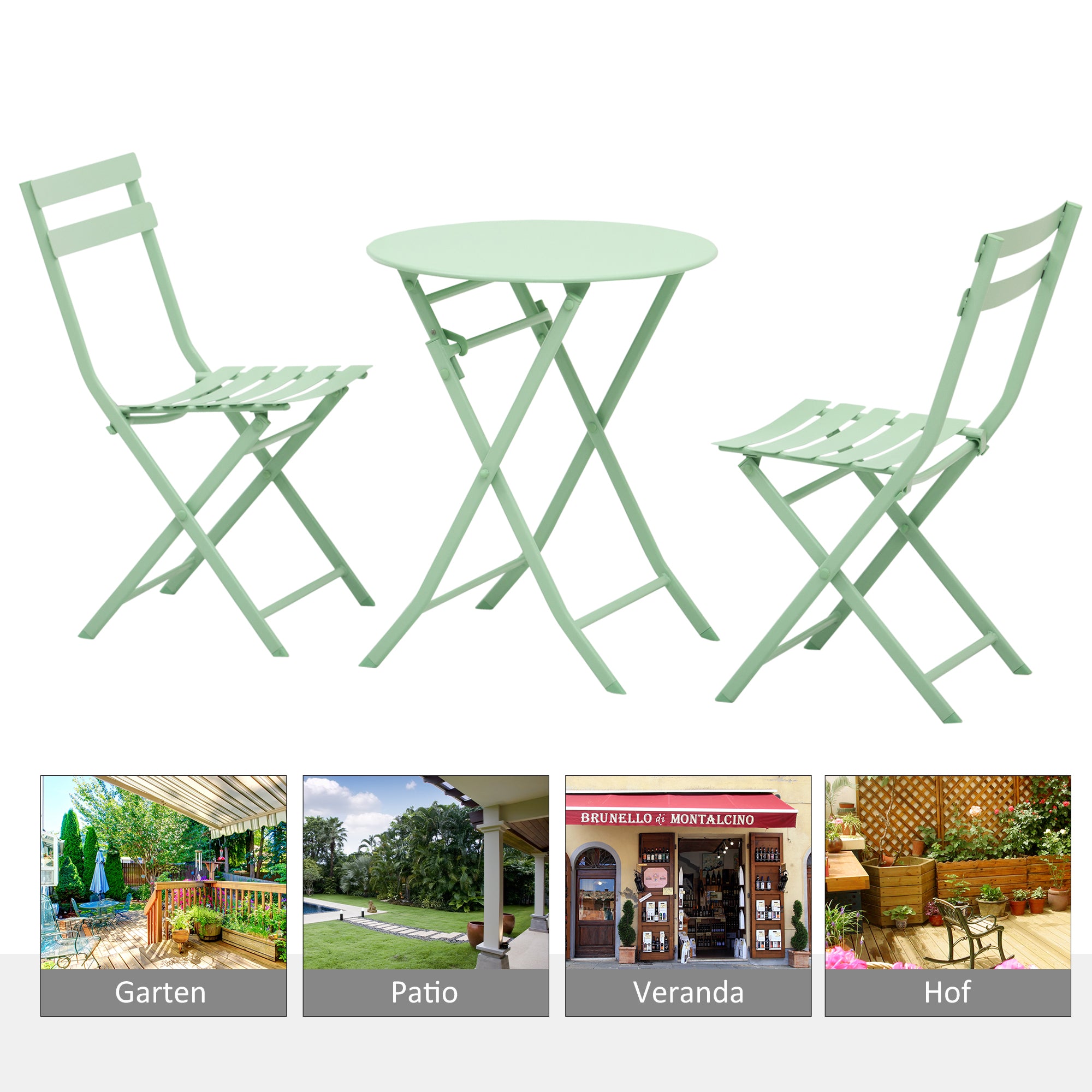 Outsunny Gartenset für 2 Personen Garnitur Balkonmöbel Set Bistrotisch mit 2 Stühlen  für Hof Garten klappbar Grün