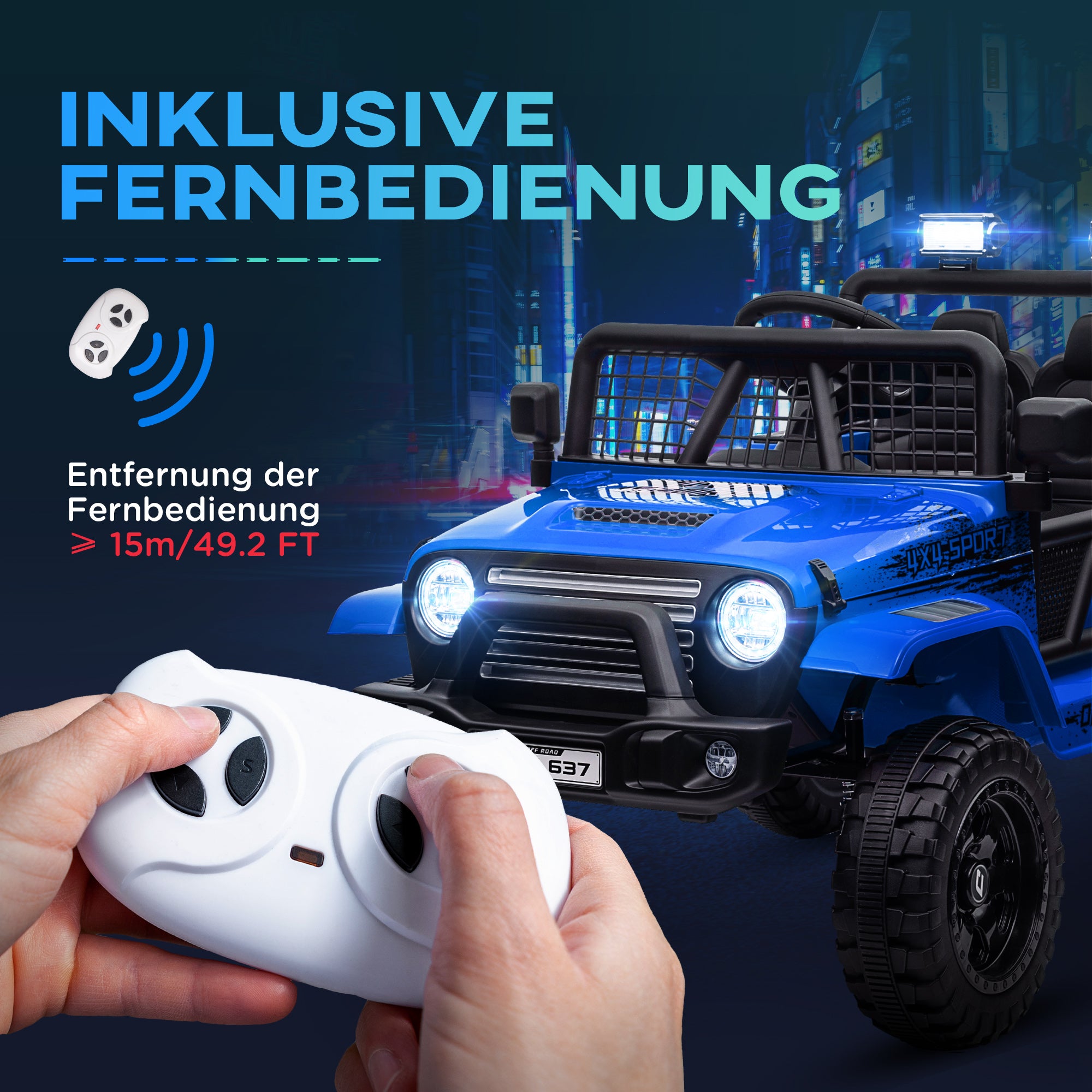 AIYAPLAY Kinder-Elektroauto mit sanfter Federung, fernsteuerbar, LED-Lichter, Hupe, 12V-Motoren, aus Kunststoff und Metall, Blau