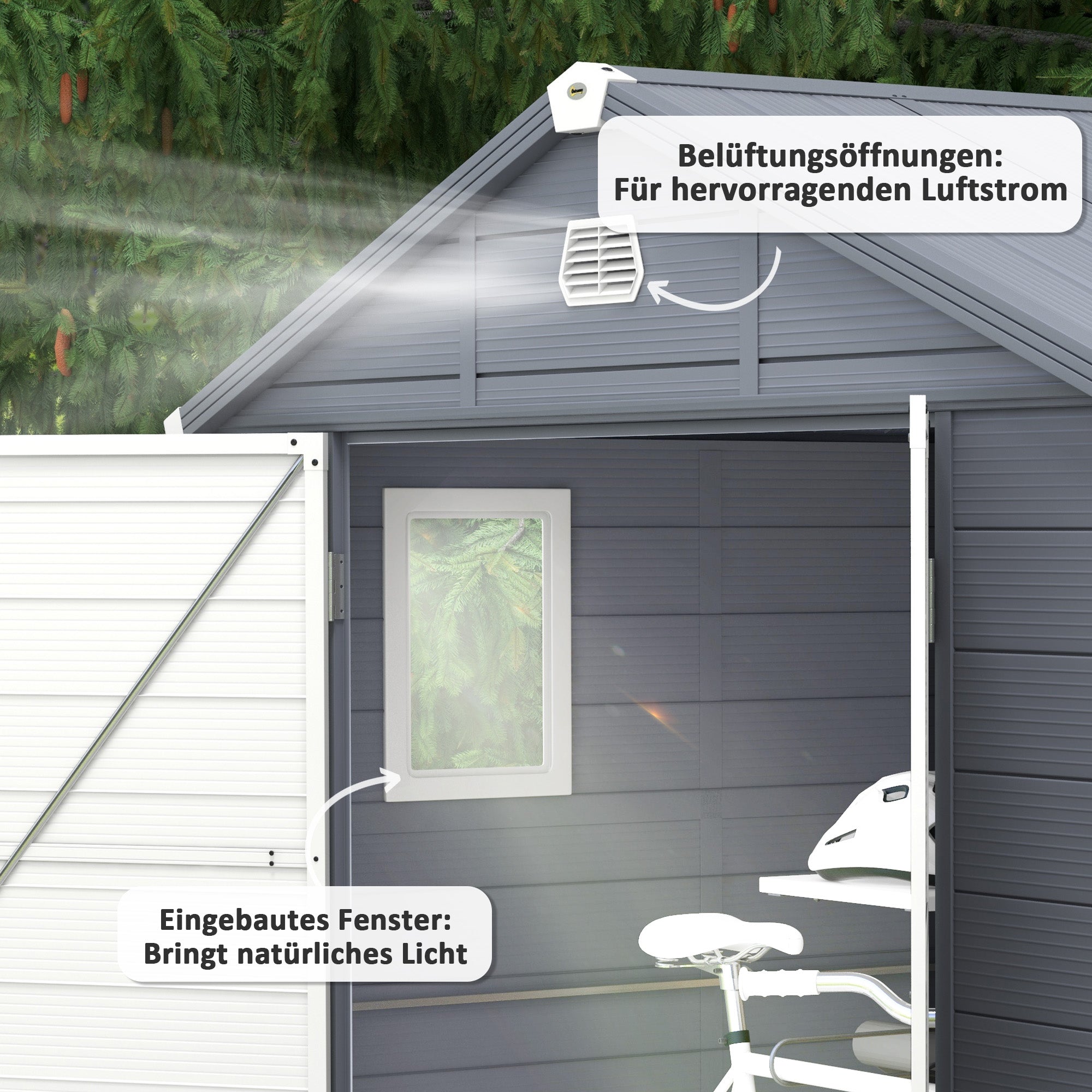 Outsunny Gerätehaus, Gartenhaus, Geräteschuppen mit Lüftungsfenster, Kunststoff, Metall, 240 x 190 x 180/228, Grau