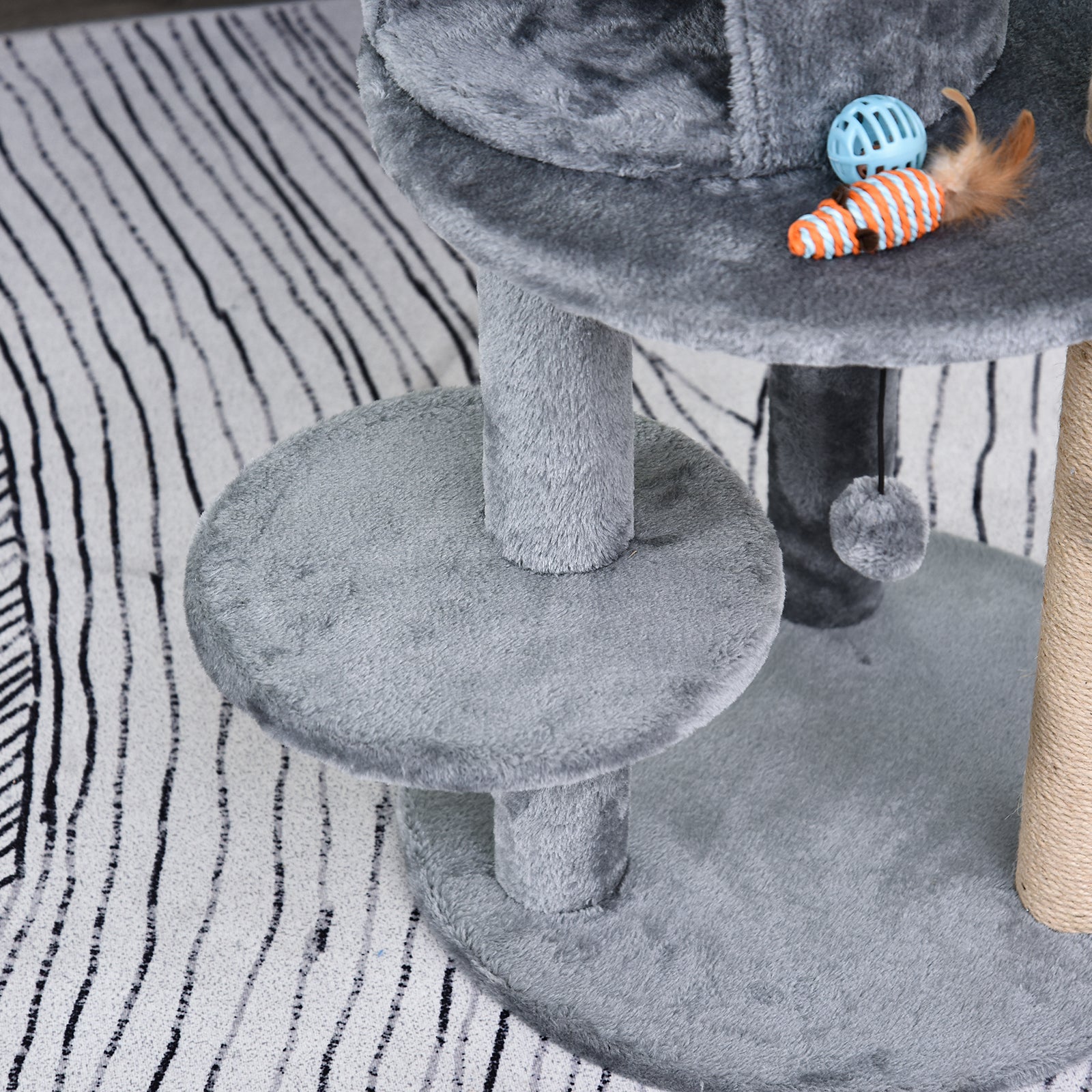 PawHut Katzenbaum 4-Stock Katzenhöhle Katzenhaus mit Spielbällen Sitzstange Sisalsäule und Kratzbrett groß stabil luxuriös Sisal Plüsch Grau 48x48x104 cm