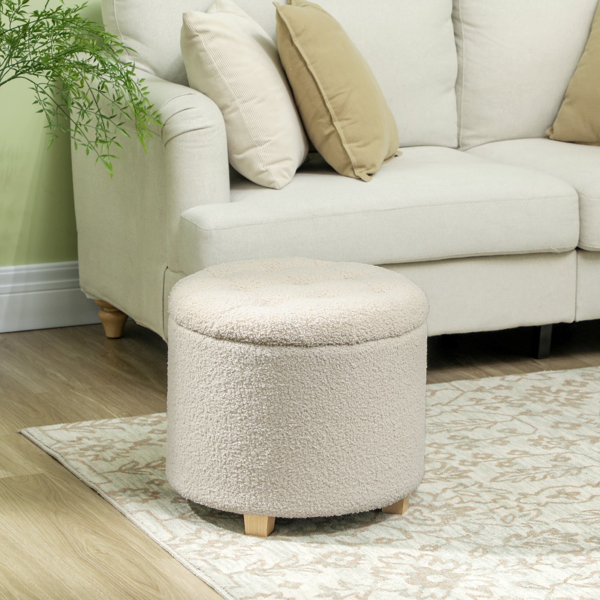 HOMCOM Runder Sitzhocker mit Stauraum, Deckel und Holzbeinen, Fußhocker für Wohnzimmer, Flur, Schlafzimmer, Cremeweiß