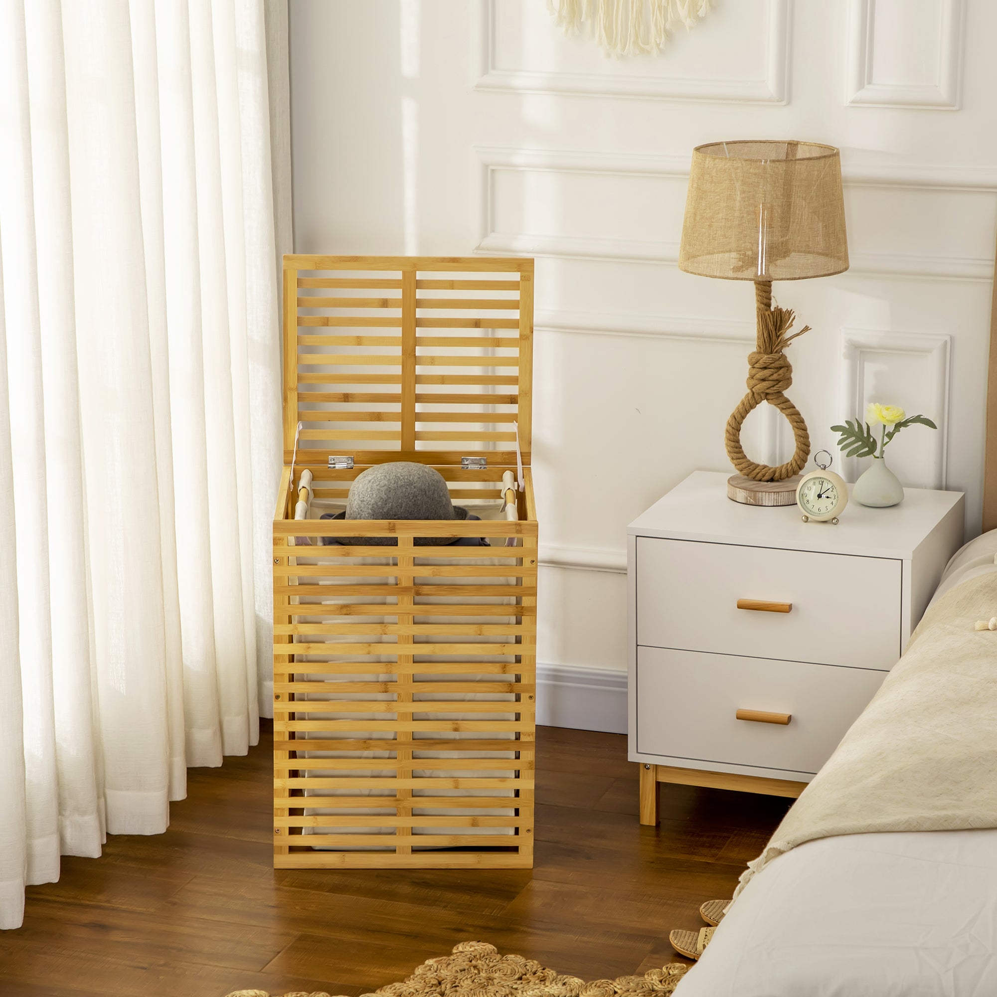 HOMCOM Bambus Wäschekorb mit 63 L Wäschesammler mit Deckel Wäschesack, Stange 44 x 37 x 62,5 cm Naturholz