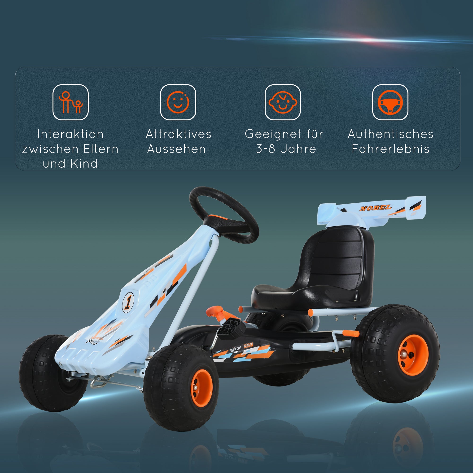 HOMCOM Gokart Tretauto mit Handbremse, verstellbarem Sitz, Pedal, Vor- und Rückwärtsgang, Kettcar Tretfahrzeug Kinderfahrzeug Kinderspielzeug Pedal-Gokart für Kinder ab 3 Jahren Hellblau