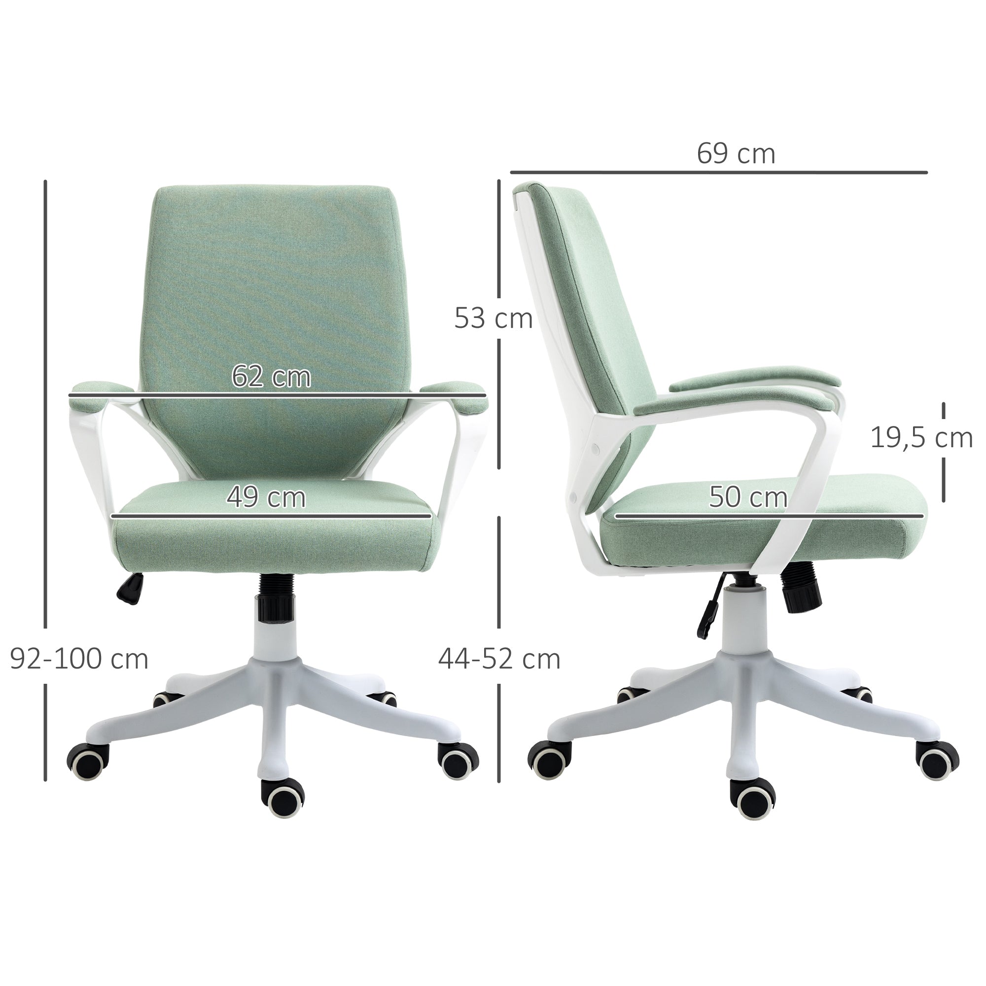 Vinsetto Bürostuhl Schreibtischstuhl Home-Office-Stuhl mit Wippenfunktion Rückenlehne höhenverstellbarer dick gepolstert ergonomisch 360°-Drehräder Polyester Nylon PP Grün+Weiß 62x69x92-100 cm
