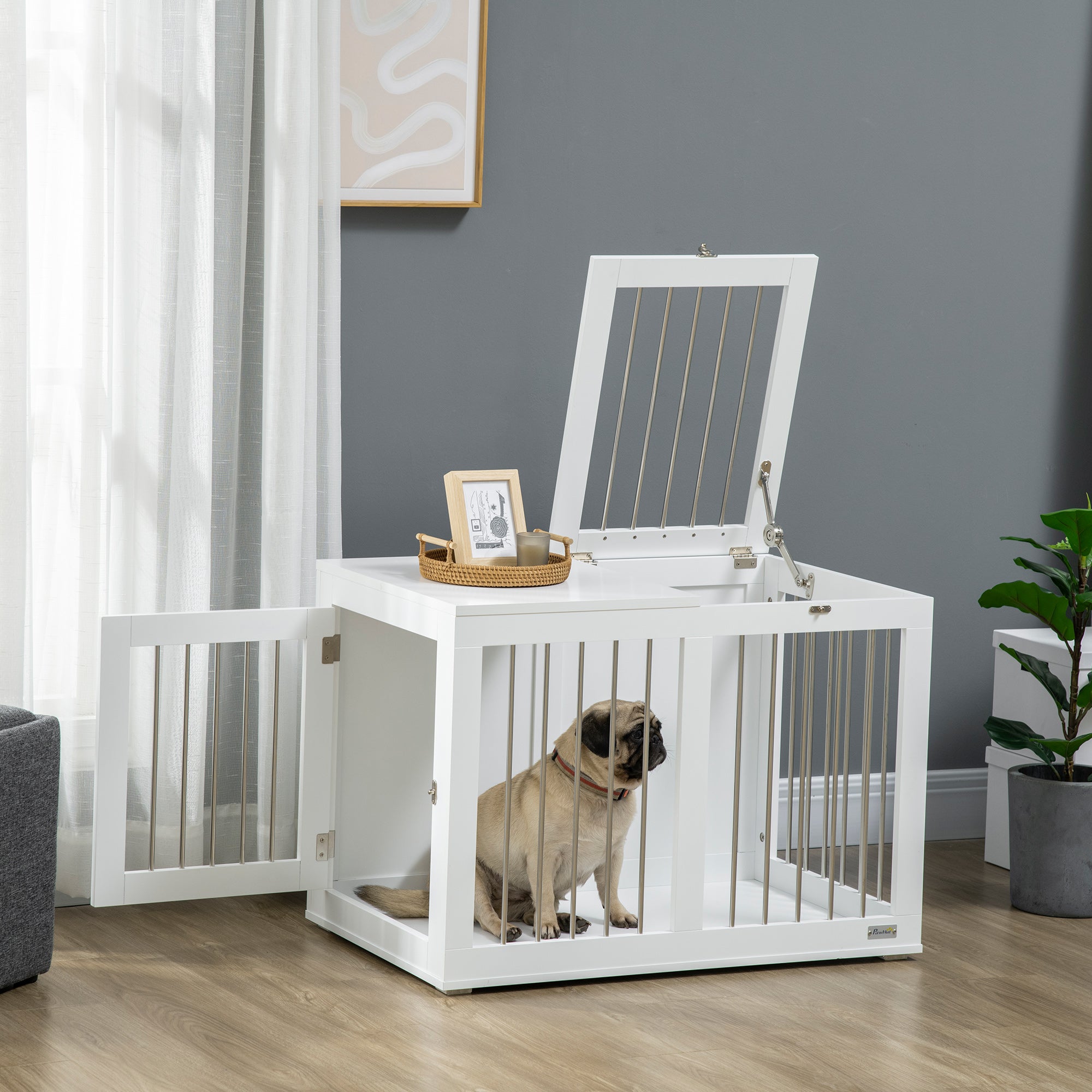 PawHut Hundekäfig mit 2 Türen, Hundebox, verriegelbar, Stahlgitter, 80 cm x 50 cm x 56,5 cm, Weiß + Silber