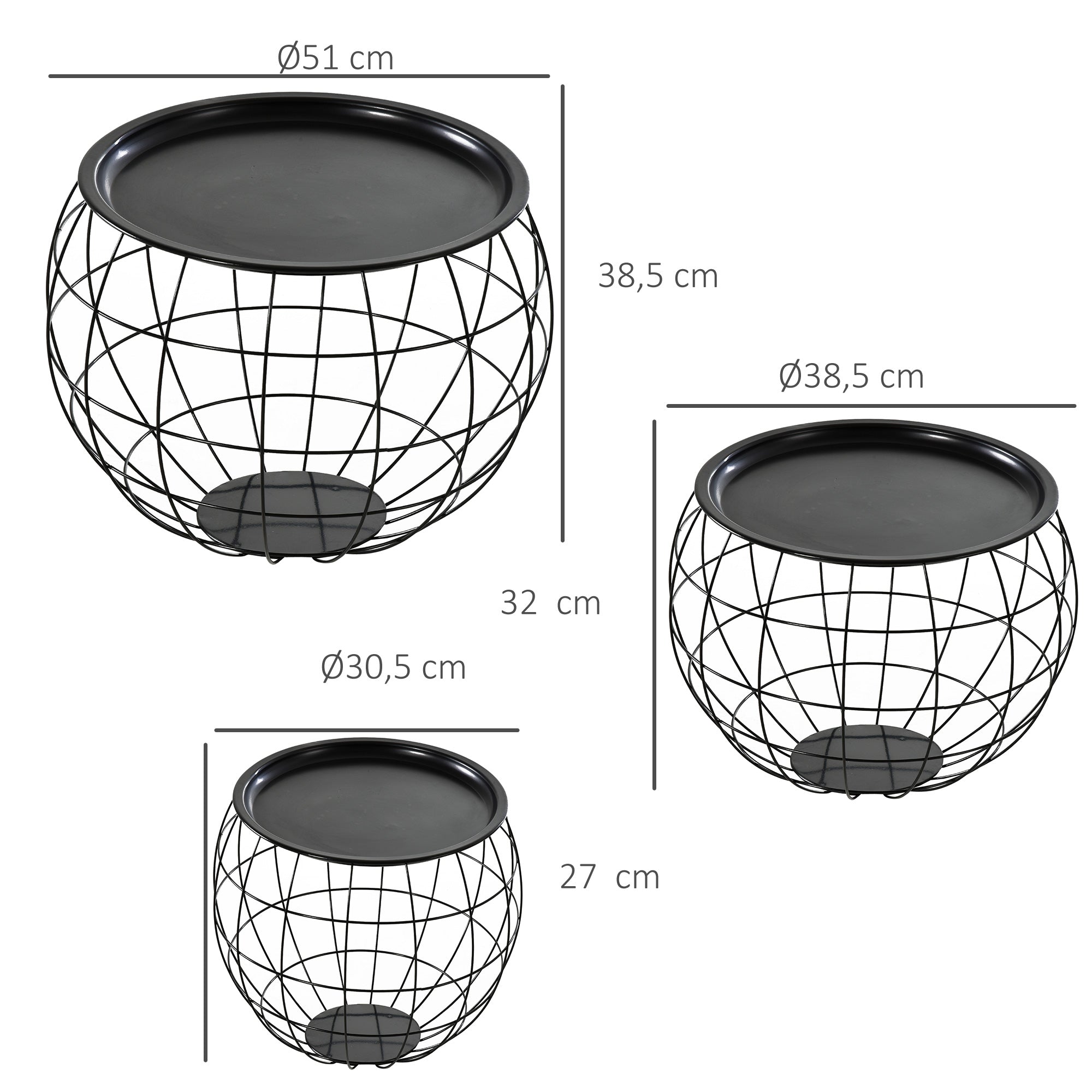 HOMCOM Couchtisch-Set 3-teilig, abnehmbare Tischplatte, Stahlrahmen, Schwarz glänzend, verschiedene Größen