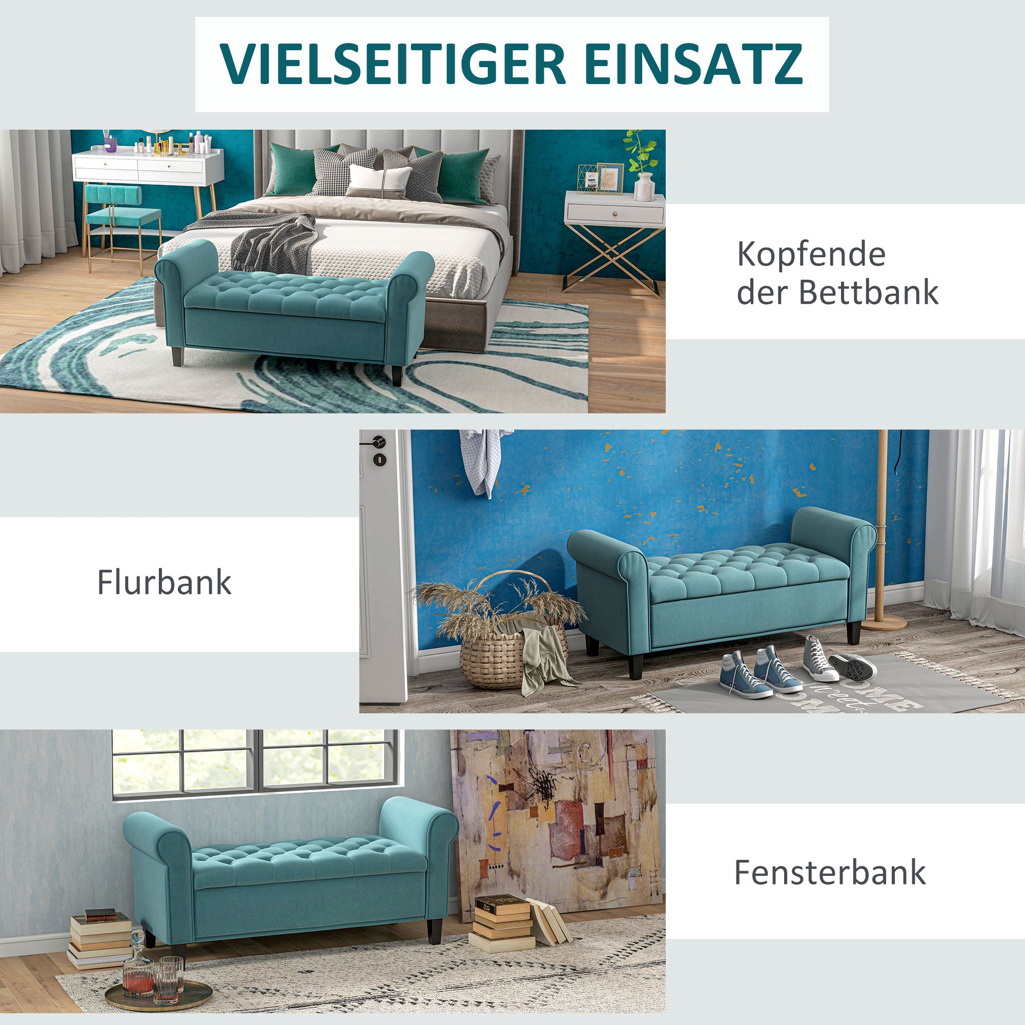 HOMCOM Sitzbank im Vintage-Design, Sitzbank mit Stauraum, Samtoptik, Grün