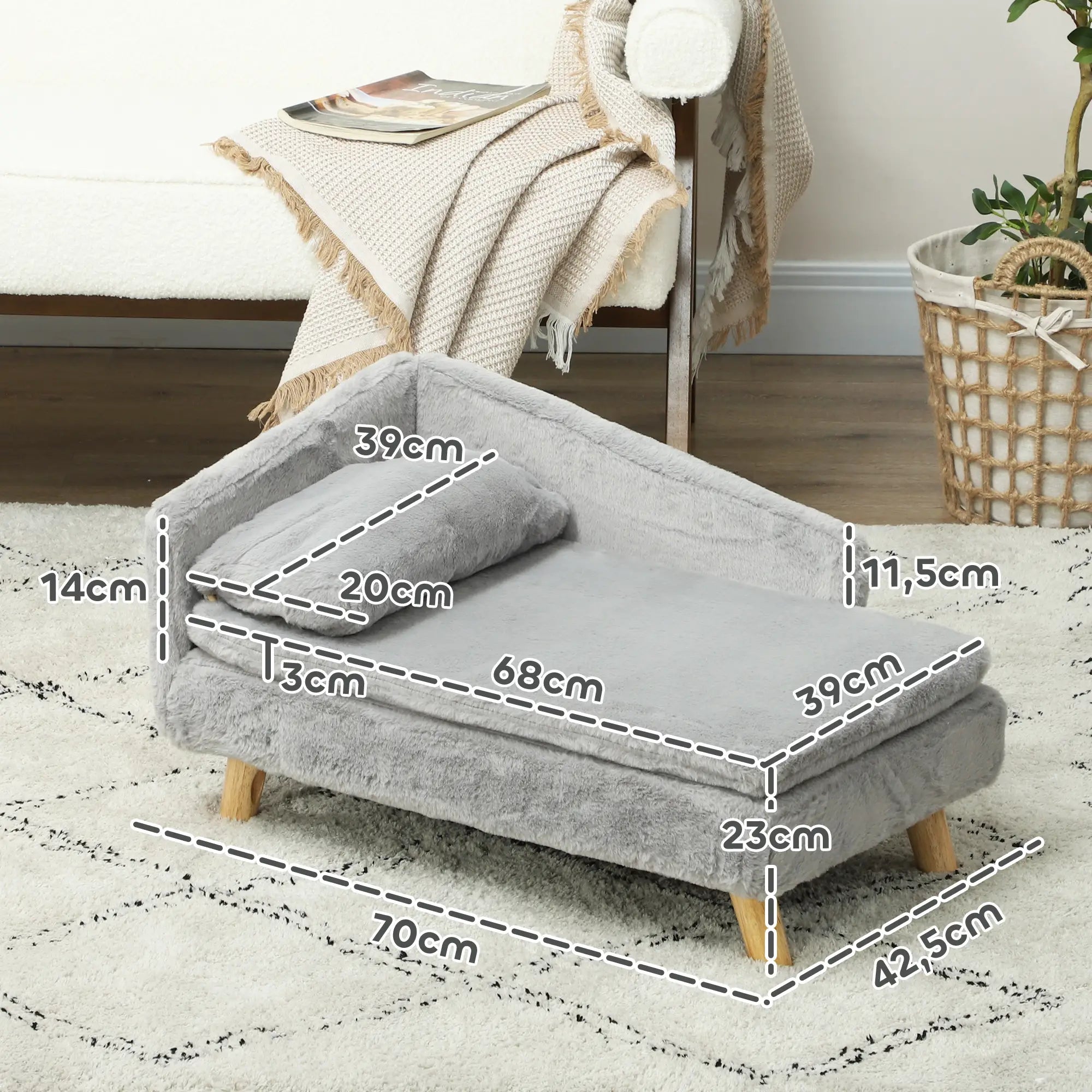 PawHut Hundesofa 80x50x40 cm hellgrau mit Holzbeinen