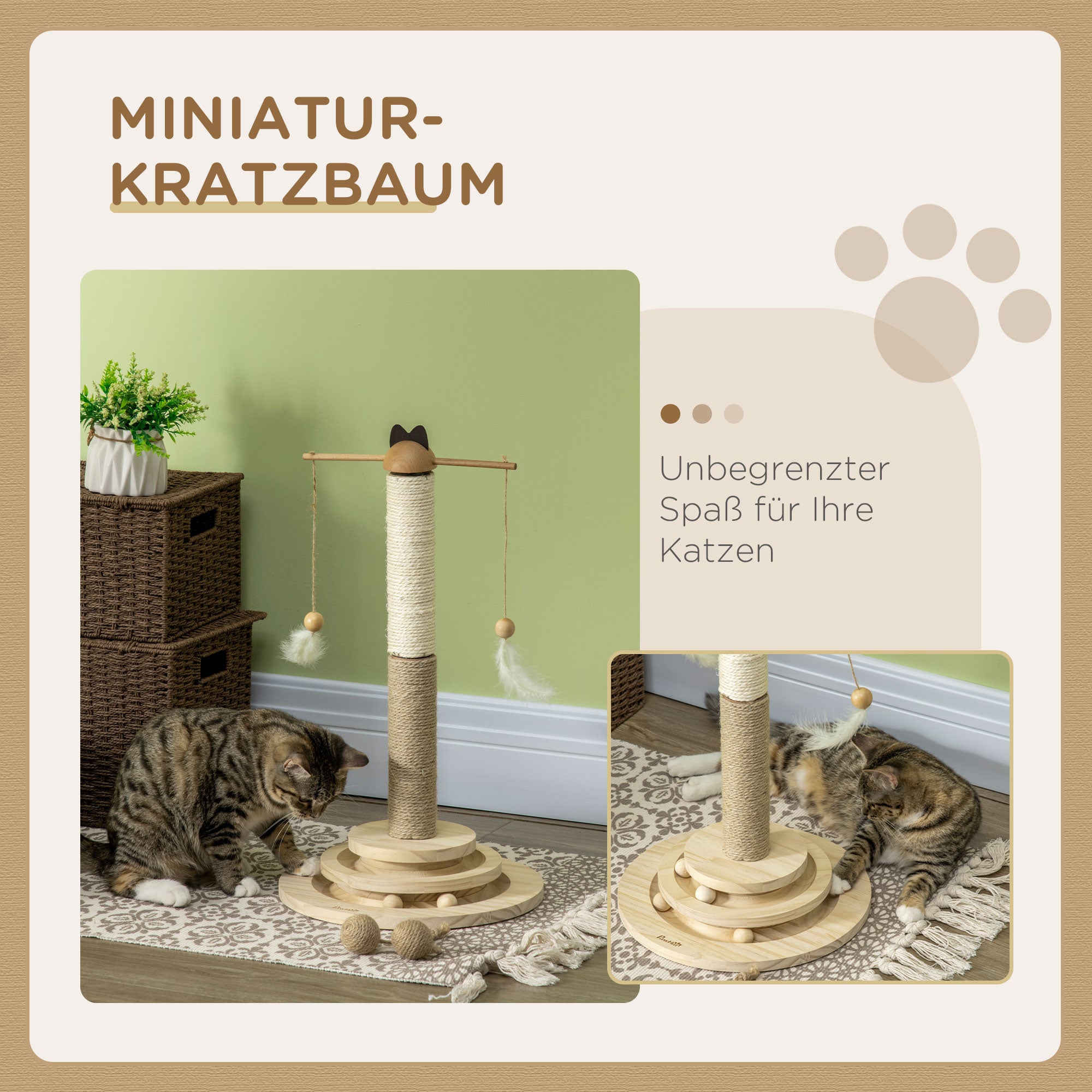 PawHut Kratzbaum inkl. Federspielzeug und Drehscheibe, 32 cm x 32 cm x 56 cm, Natur & Braun