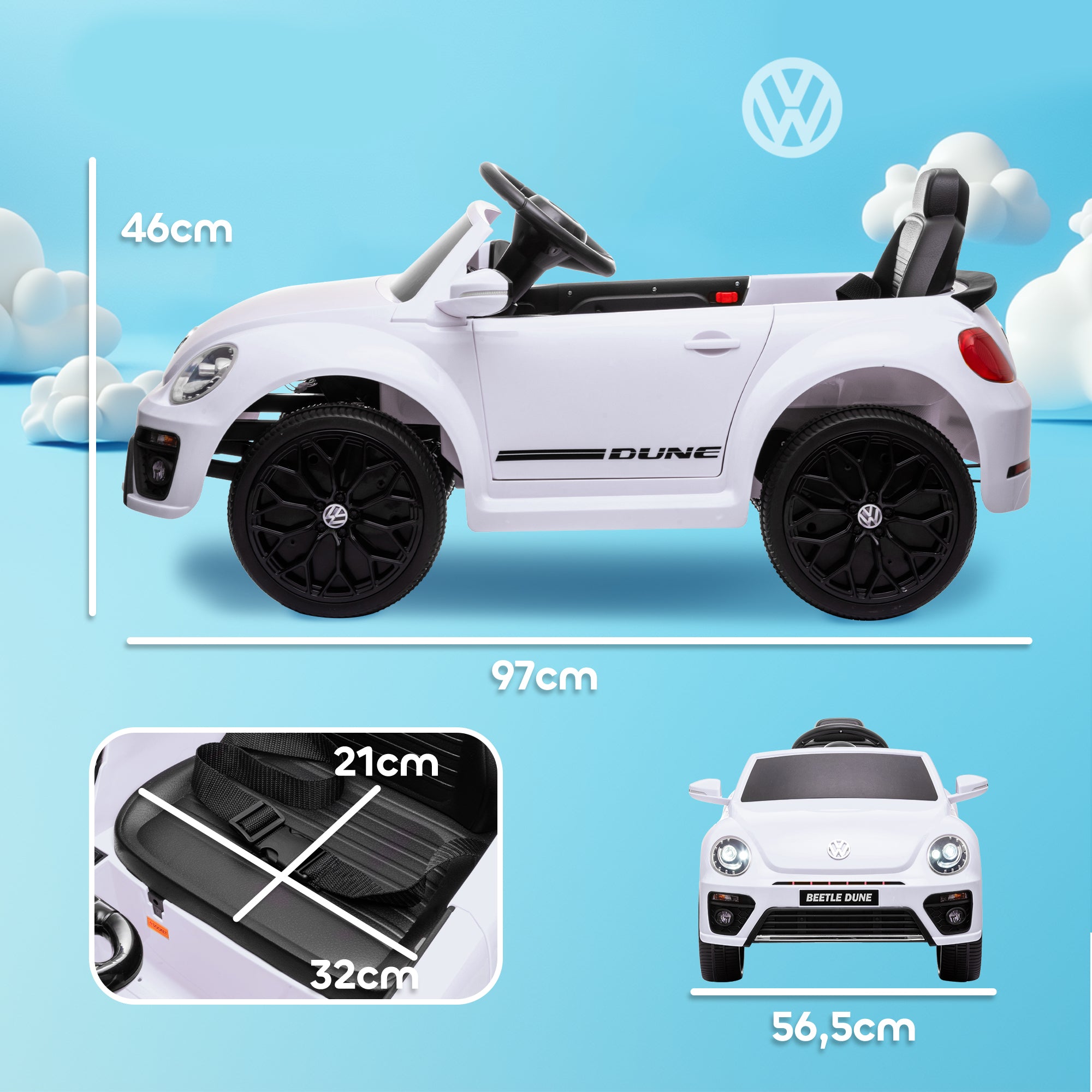 AIYAPLAY Elektro-Kinderfahrzeug, VW Käfer, 3-5 km/h, mit Fernbedienung & Musik, Weiß