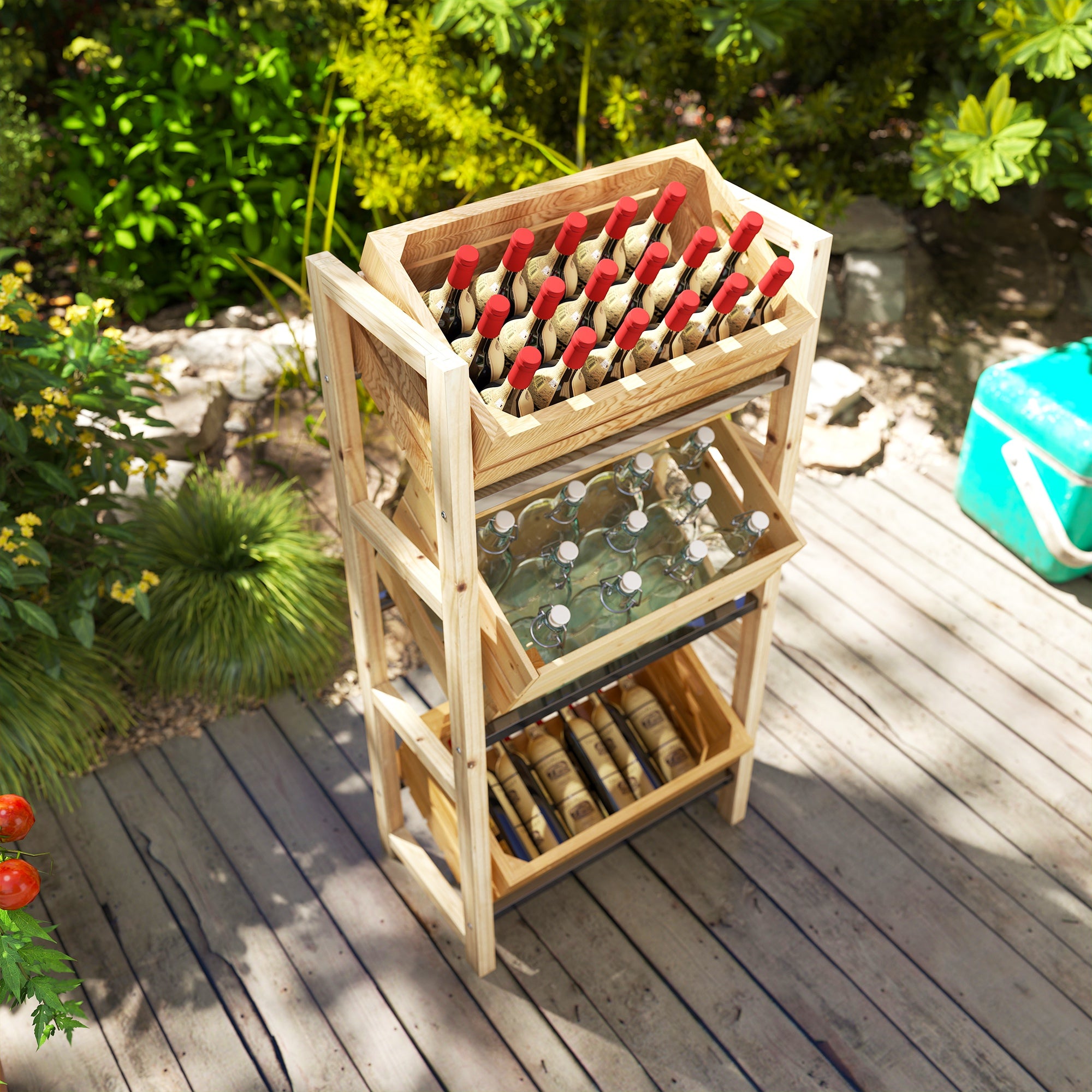 Outsunny Getränkekistenregal für 3 Getränkekisten Getränkeregal Holz Kistenregal mit 3 Ebenen 56 x 32 x 112 cm Naturholz