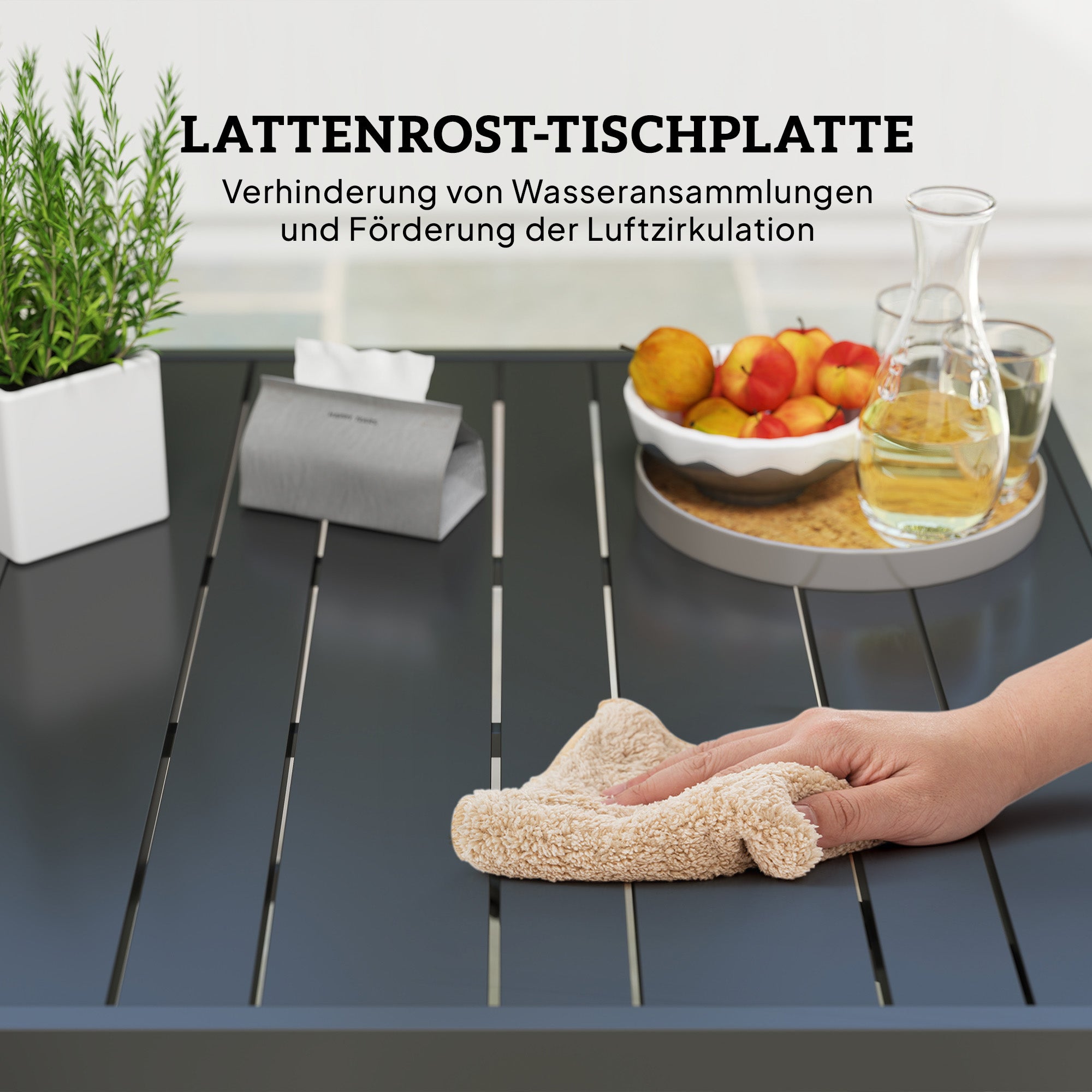 Outsunny Gartentisch 152x90 cm, Wetterfest Balkontisch aus Stahl, Beistelltisch mit Schirmloch, Latten-Design Schwarz