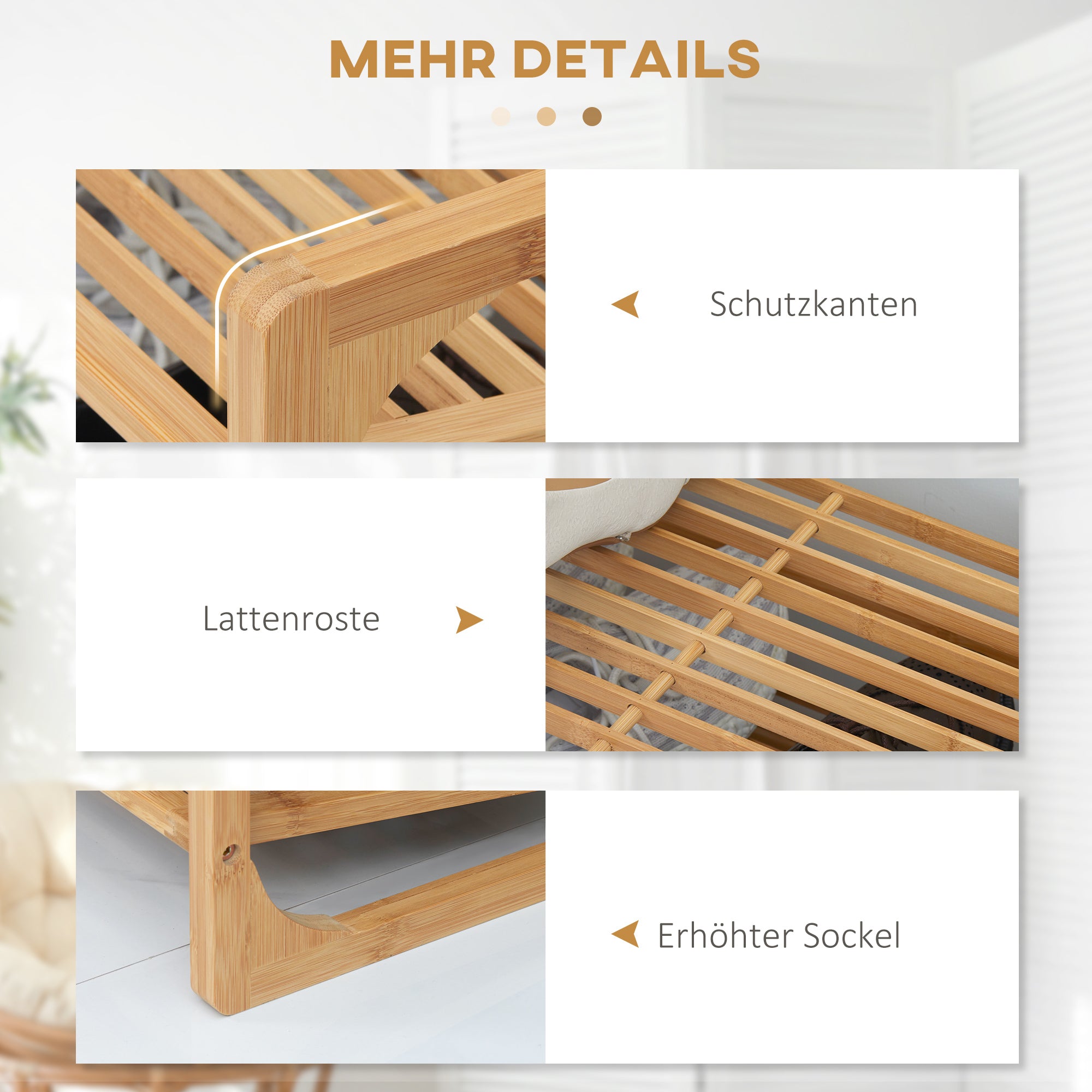 HOMCOM Schuhregal für 9 Schuhpaare, 3 Etagen, erhöhte Kanten, Bambusholz, 76 x 33 x 51 cm