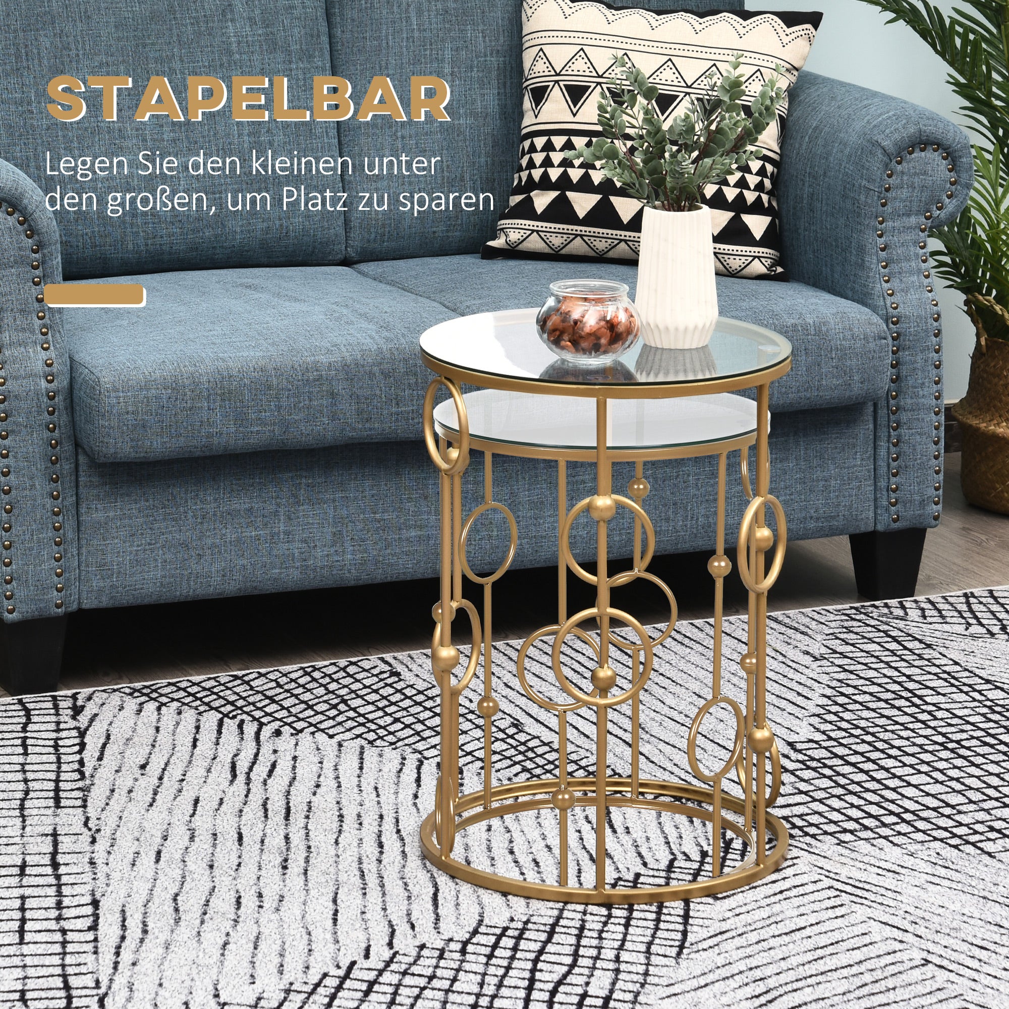 HOMCOM 2er-Set Couchtisch, Beistelltisch mit Glasplatte, Wohnzimmertisch mit Reifen- und Kugeldesign Ø41 x 57 cm, Gold