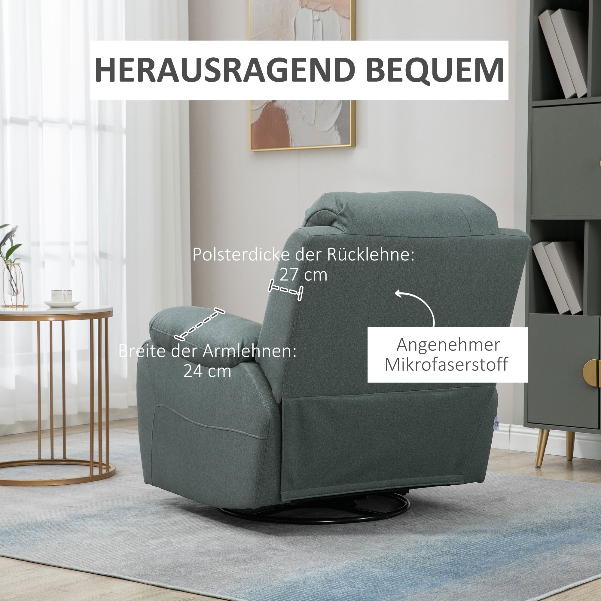 HOMCOM Relaxsessel mit Neigungsverstellung bis 135° 360 Grad drehbar 93 cm x 100 cm x 98 cm Stahlgestell Grün