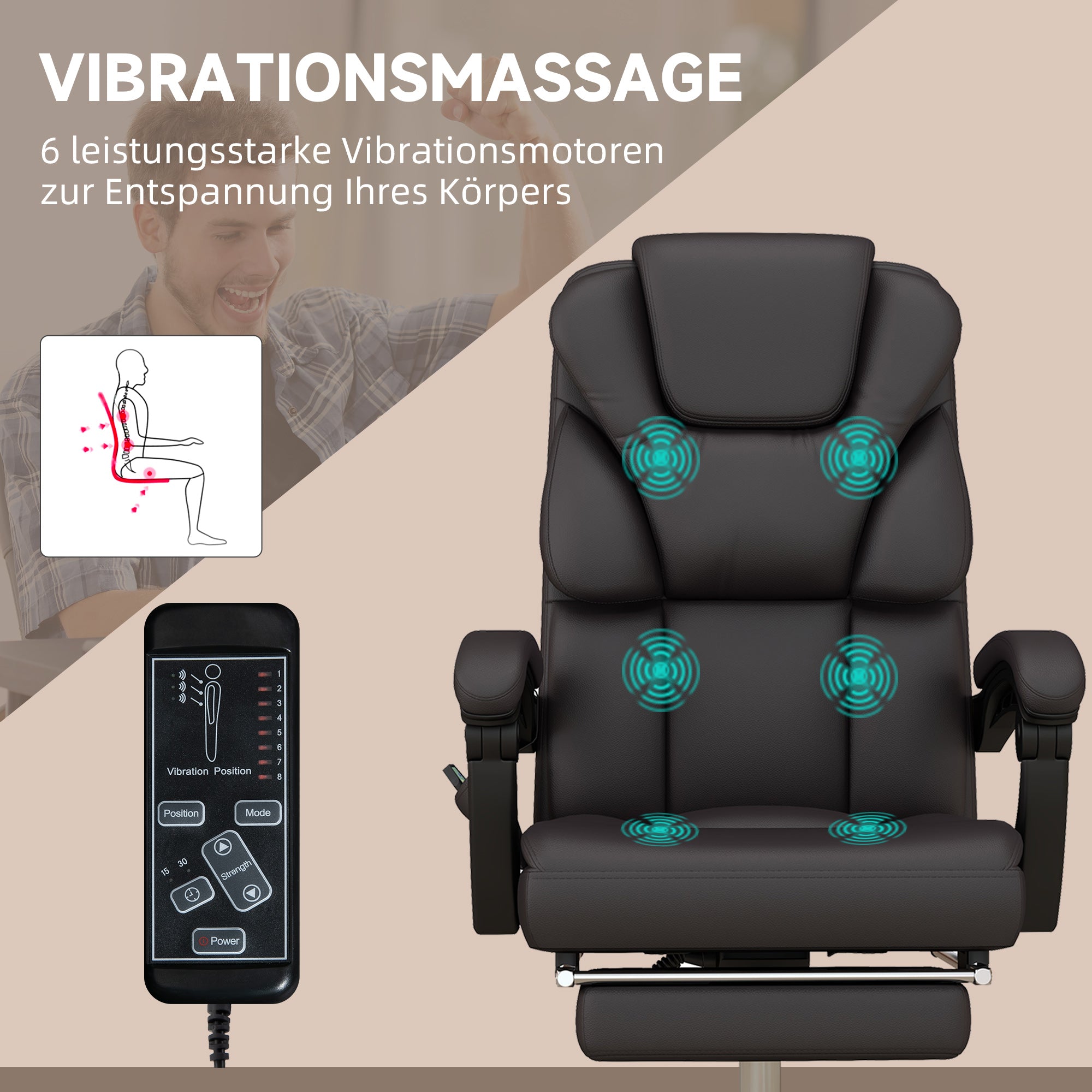 Vinsetto Bürostuhl mit Massagefunktion, ergonomisch, liegefähig, 63x57x118, Braun