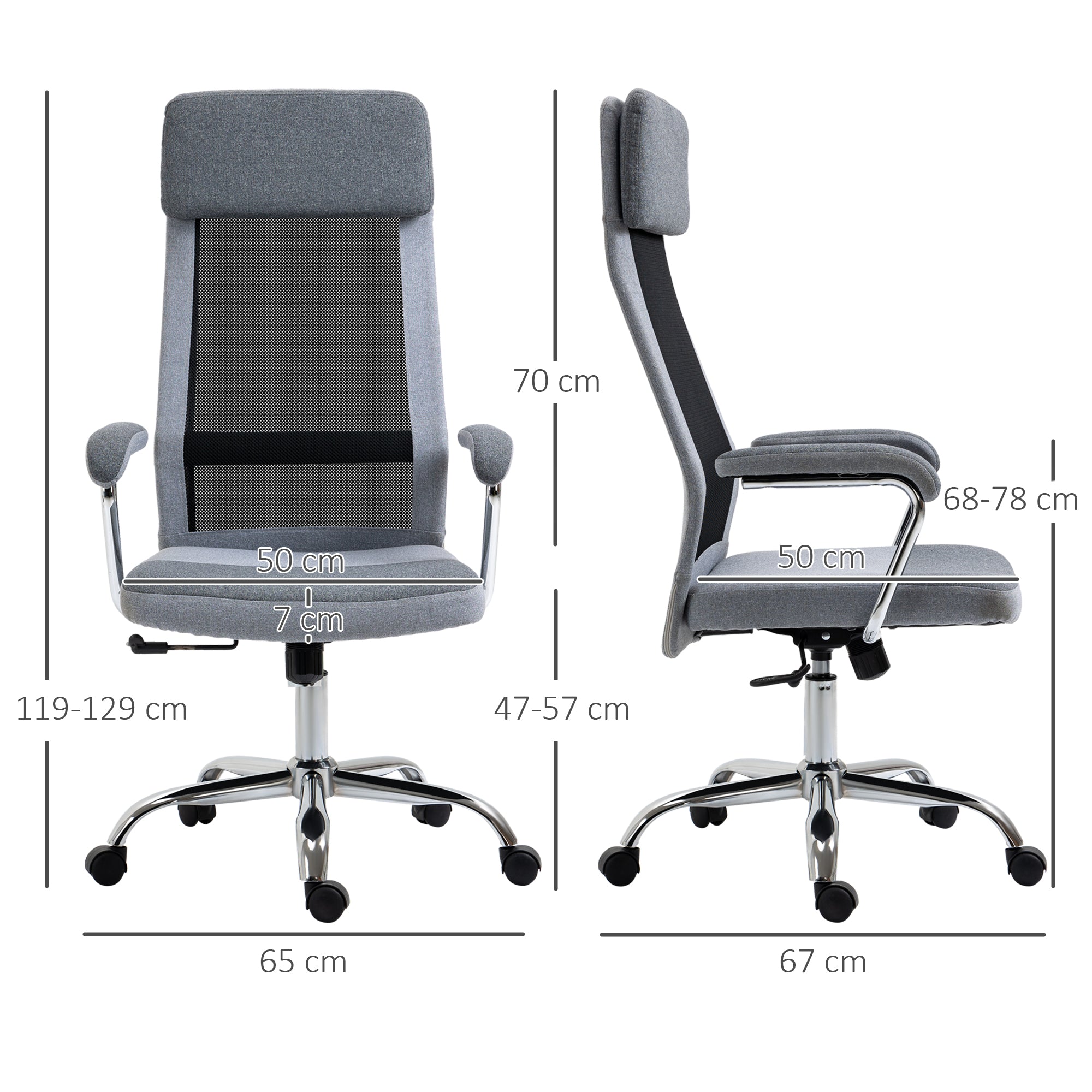 Vinsetto Bürostuhl Computerstuhl ergonomischer Schreibtischstuhl Höhenverstellung und Kopfstütze mit Schaumstoff nordischer Stil hellgrau+schwarz 65 x 67 x 119-129 cm