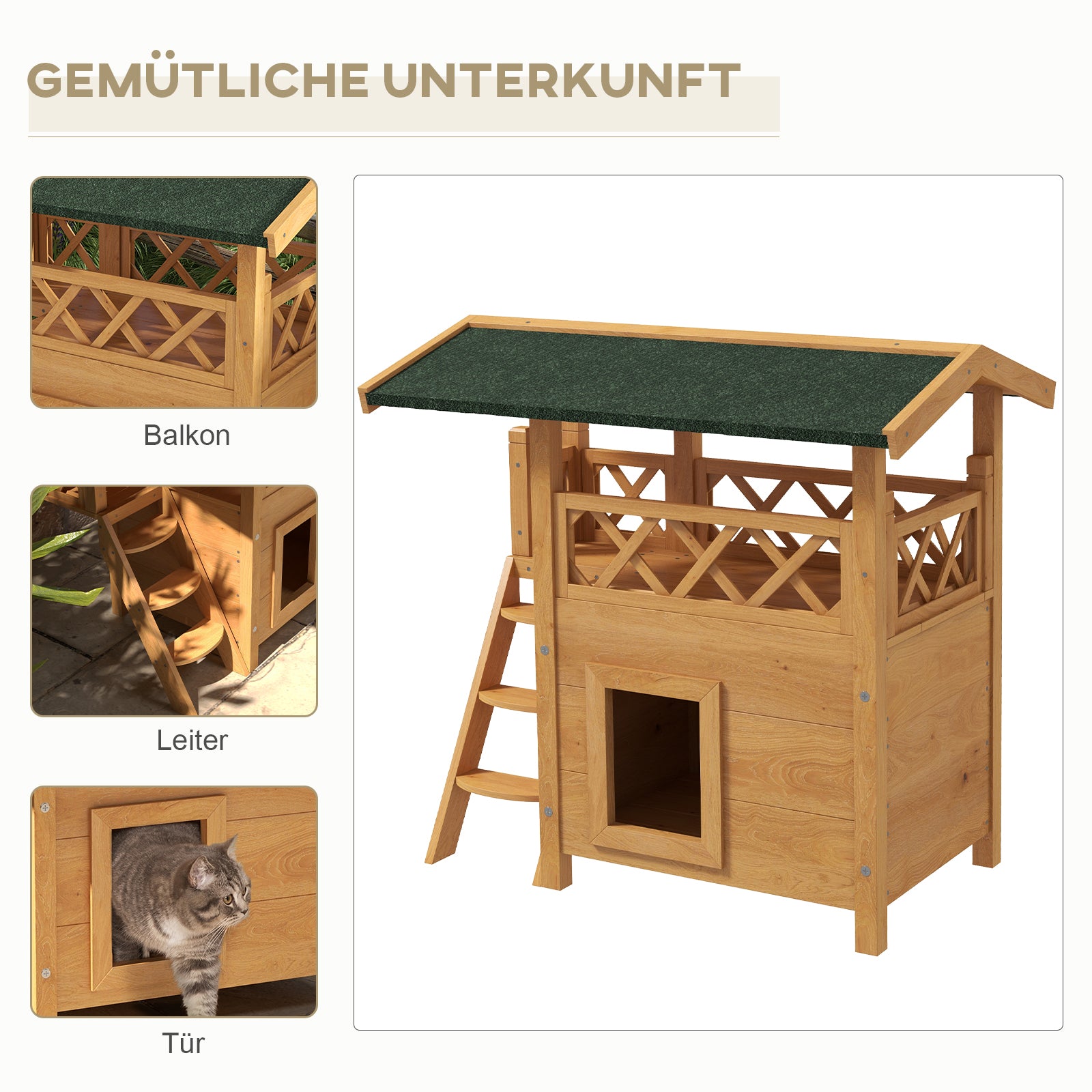 PawHut Katzenhaus Katzenhütte Haustierhütte, Asphaltdach, 2 Ebenen, 1 Leiter, Natur + Grün