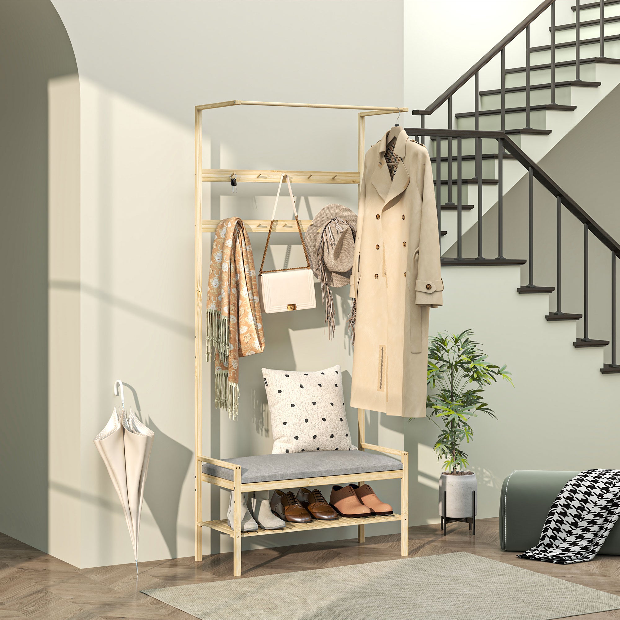 HOMCOM Garderobe mit Schuhbank, Kleiderstange, 10 Kleiderhaken, Schuhablage, Bambus